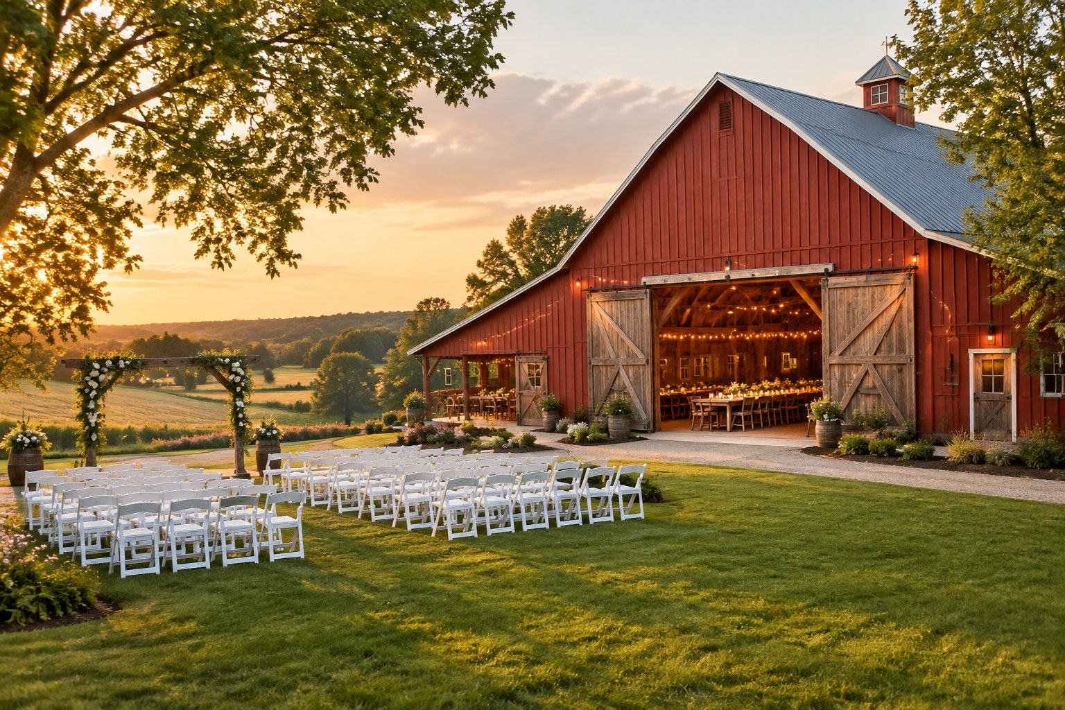 A rustic red barn wedding venue with outdoor ceremony seating, floral decorations, and a green rural landscape.