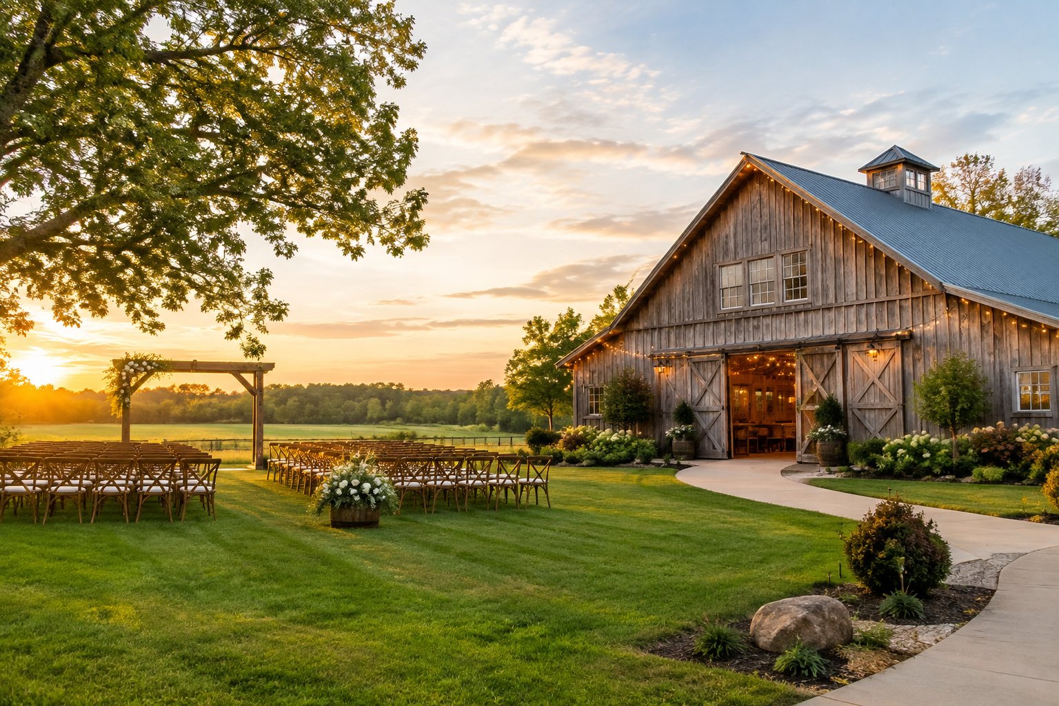 A rustic barn wedding venue with outdoor ceremony seating on a green countryside lawn.
