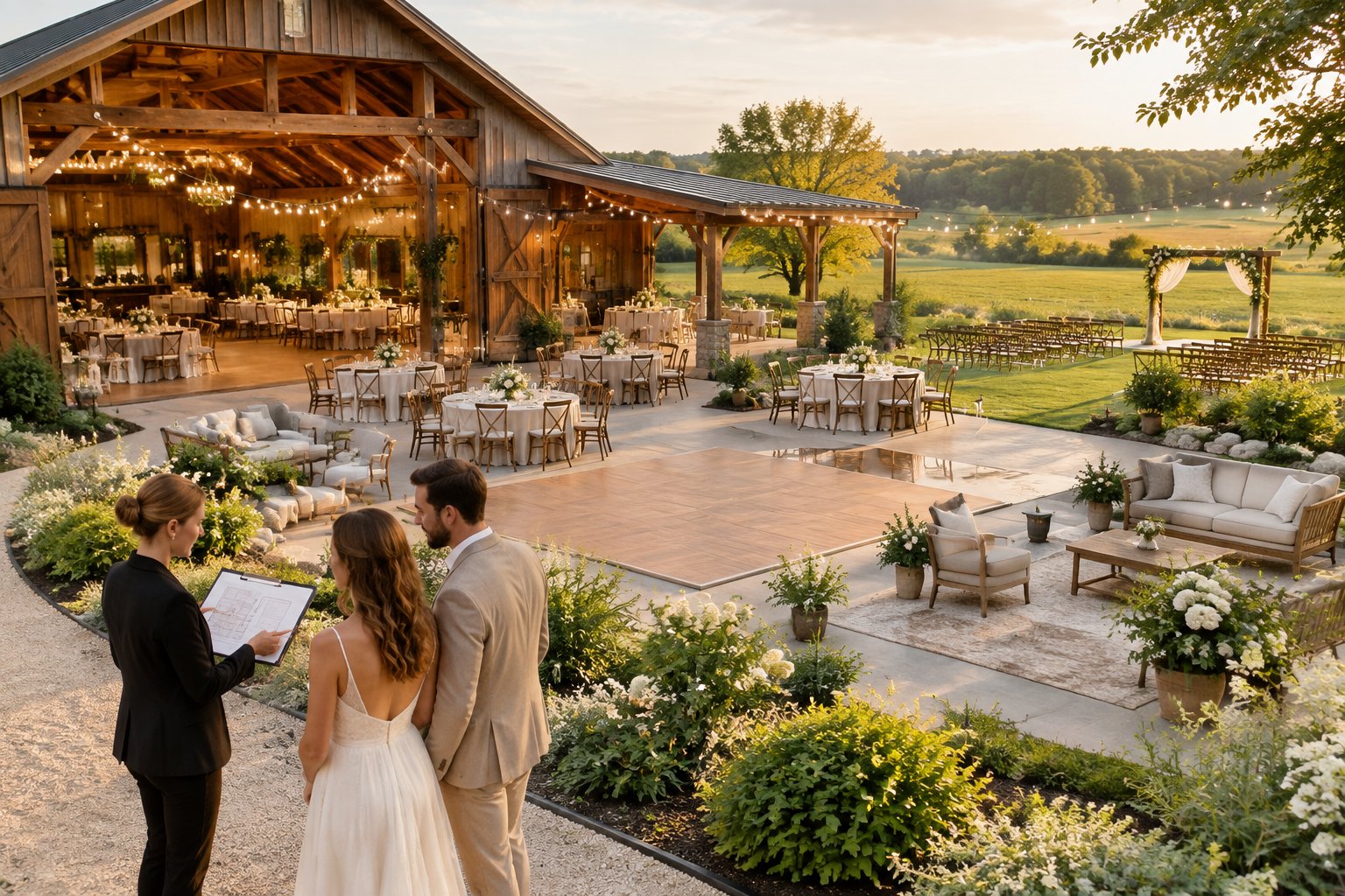 A couple and wedding planner review a reception layout inside a spacious rustic barn wedding venue.