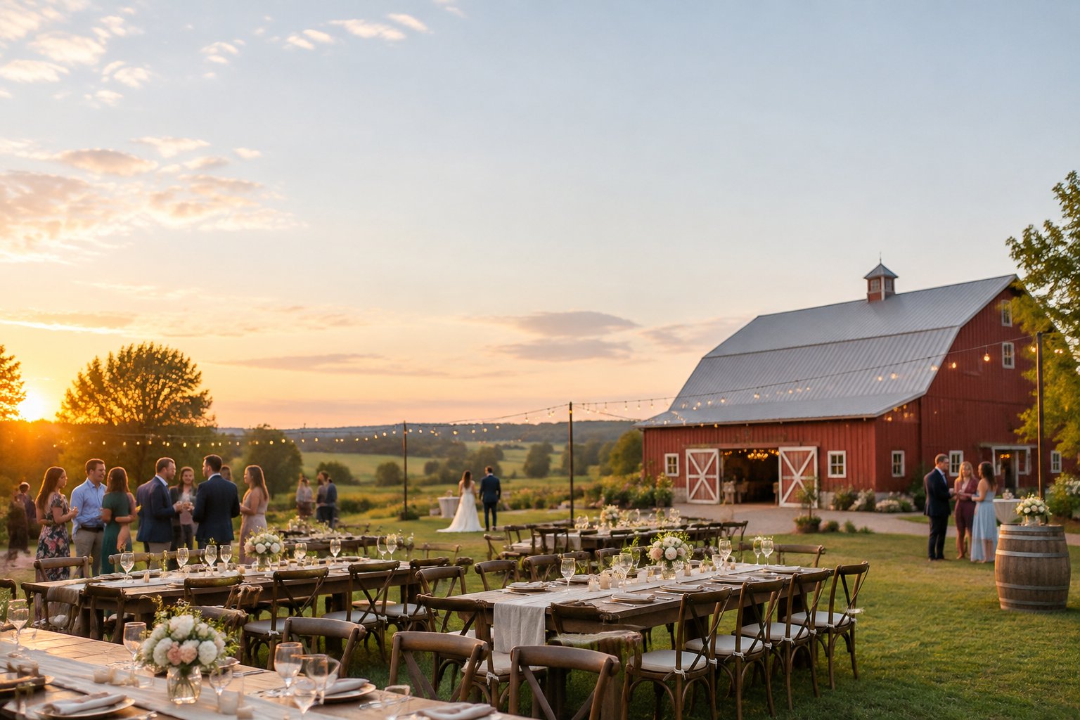 A rustic barn wedding venue with decorated reception tables and guests gathered on a grassy farm at sunset.