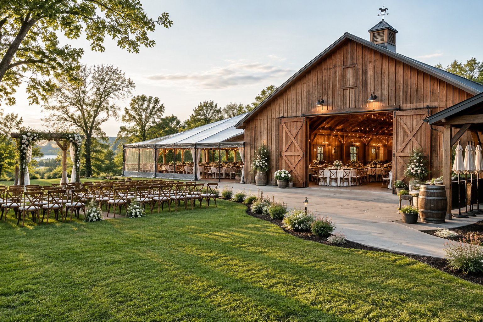 A rustic barn wedding venue with an indoor reception area, outdoor ceremony lawn, and covered weather-ready spaces.