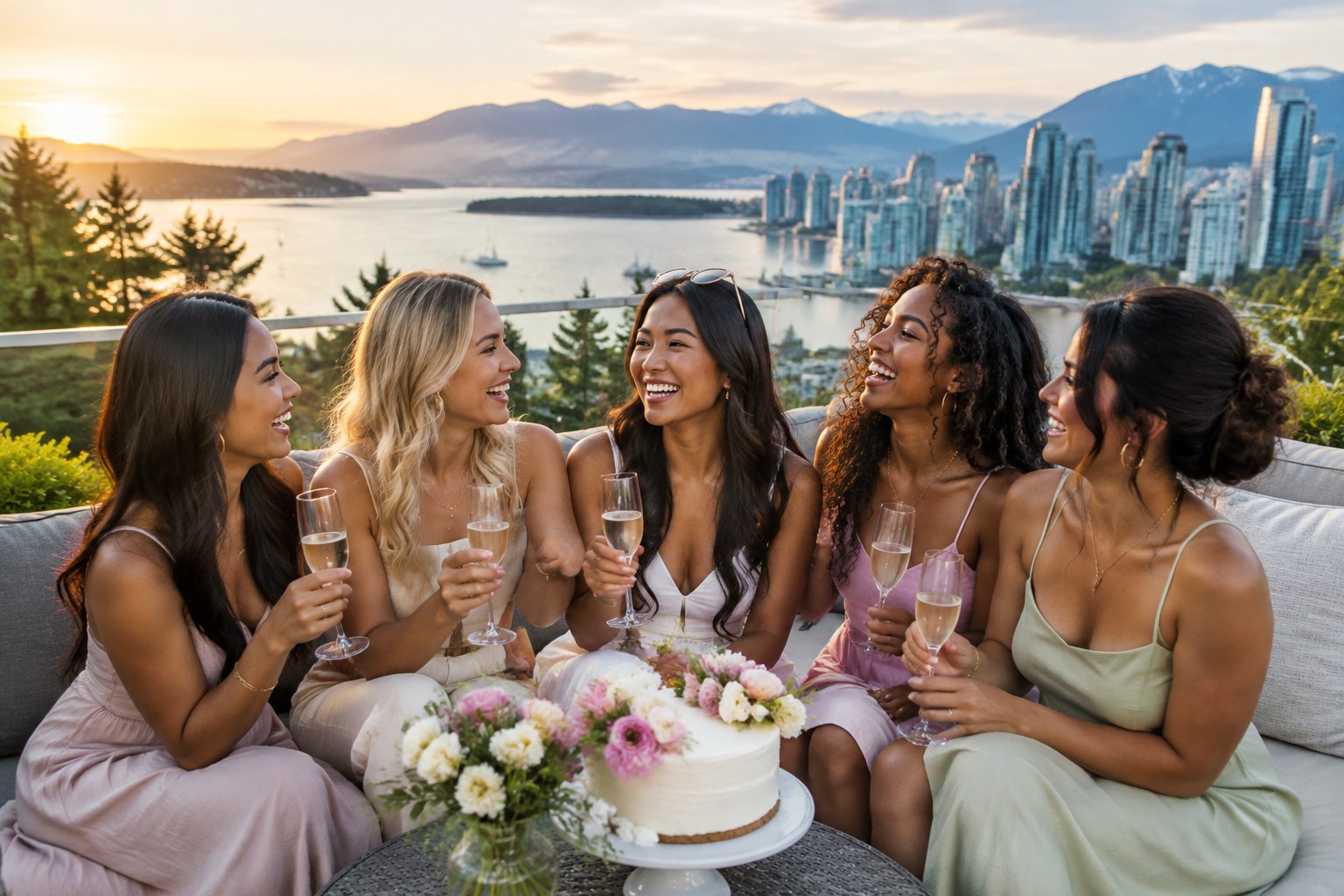 A group of friends celebrating on a Vancouver rooftop with mountains, water, and the city skyline in the background.