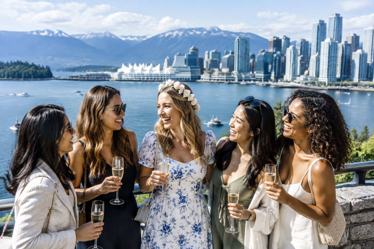 A group of women celebrating together at a scenic Vancouver waterfront viewpoint with mountains and the city skyline behind them.