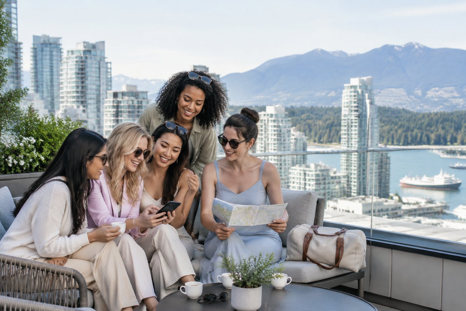 Friends plan their Vancouver bachelorette getaway on a hotel rooftop overlooking the city and mountains.