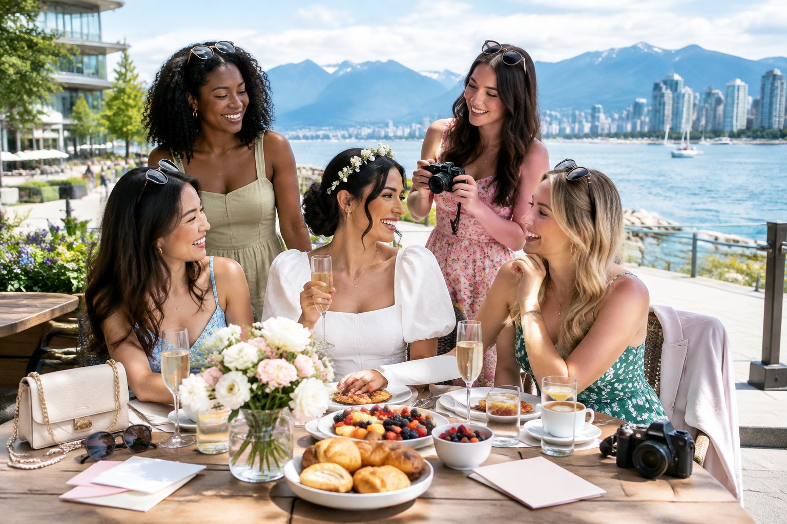 Bride and friends enjoy a stylish daytime celebration at a Vancouver waterfront café.