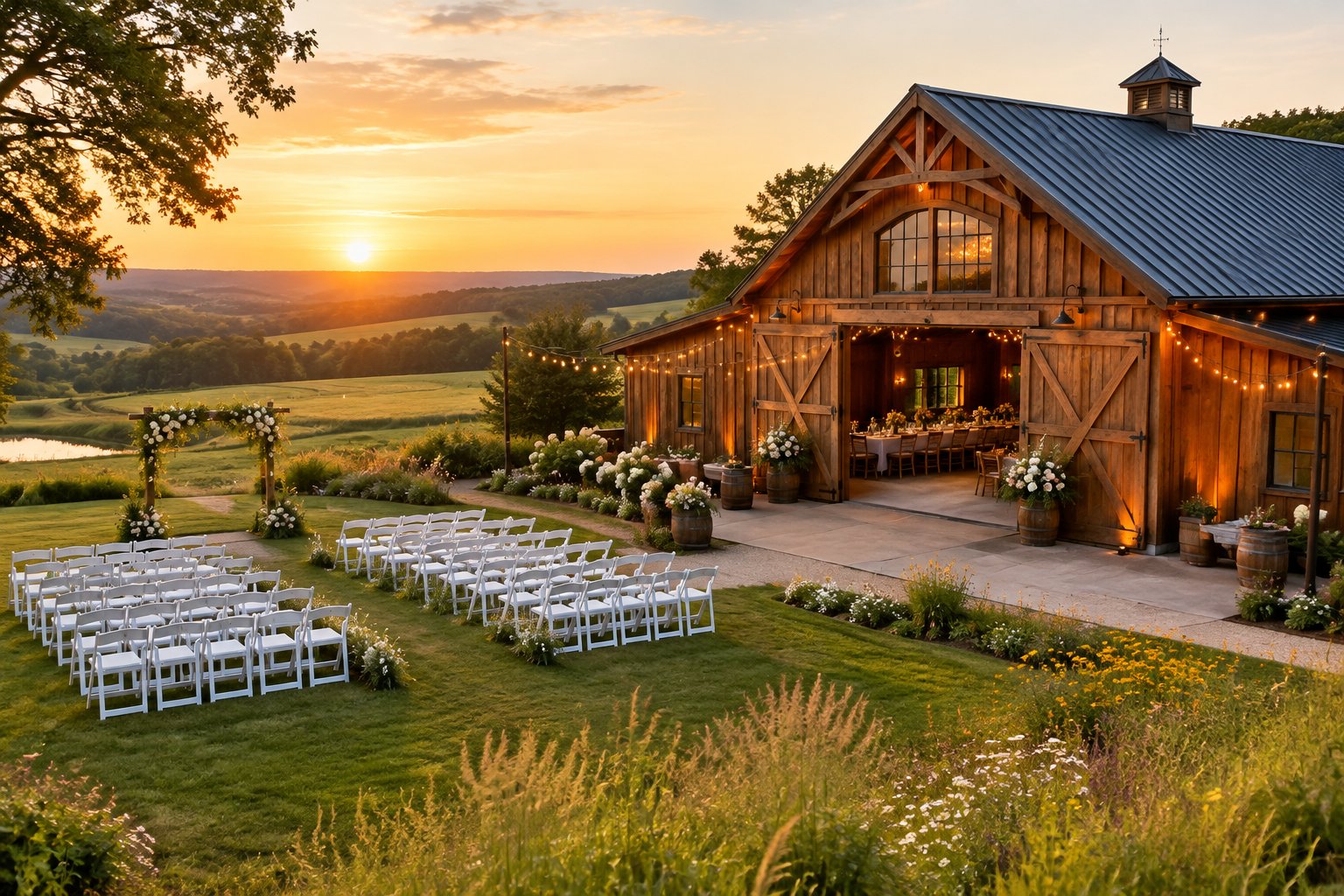 A rustic barn wedding venue with outdoor ceremony chairs, floral decorations, and countryside scenery.