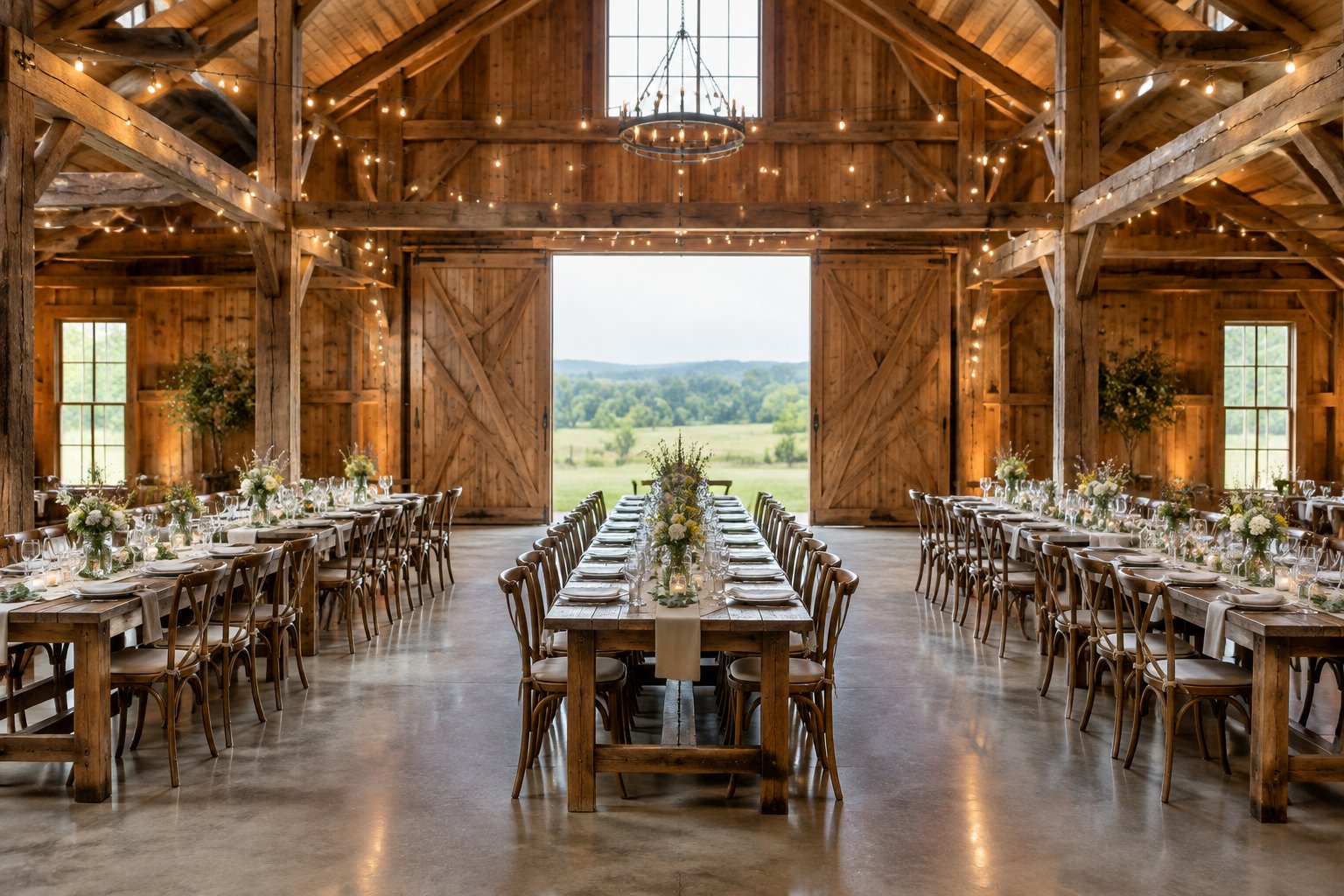 Rustic barn wedding reception venue with exposed wooden beams, farmhouse tables, greenery, and warm string lights.