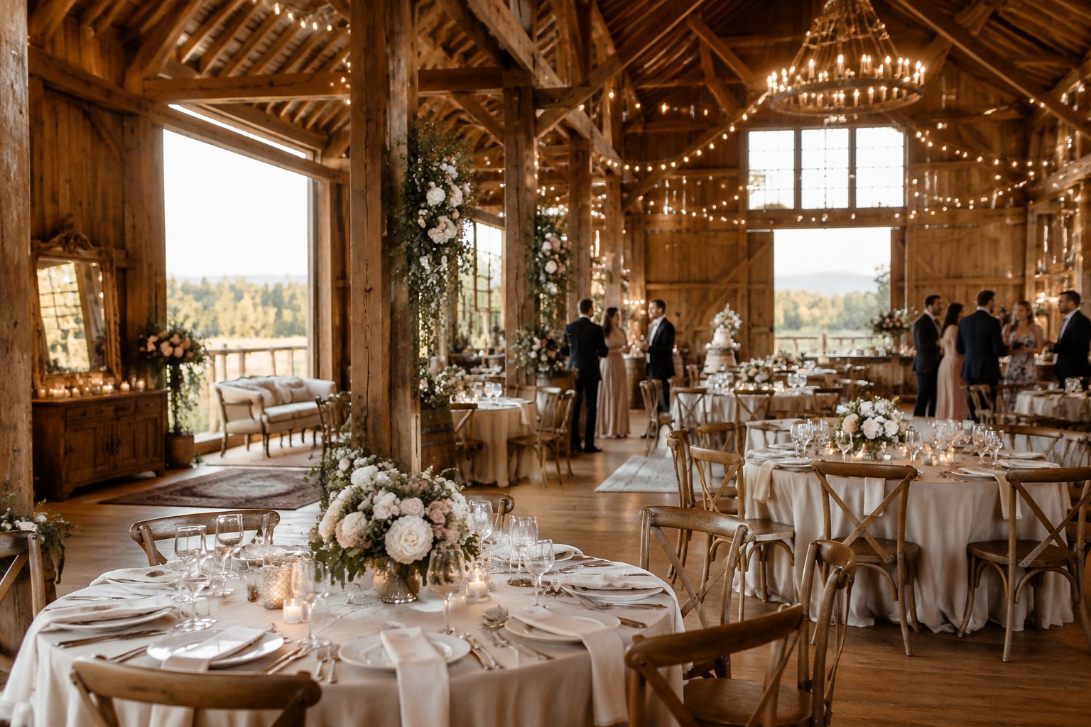 An elegant wedding reception inside a rustic wooden barn with decorated tables and guests.
