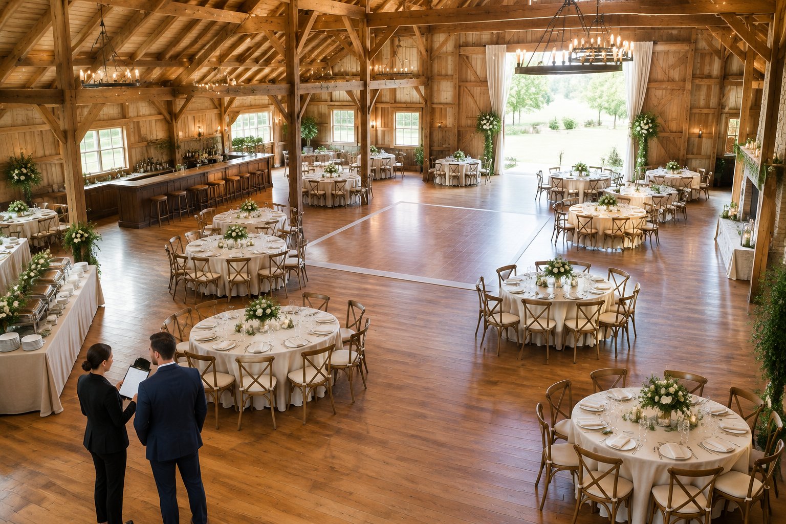 A spacious rustic barn wedding venue arranged with dining tables, a dance floor, and open walkways.