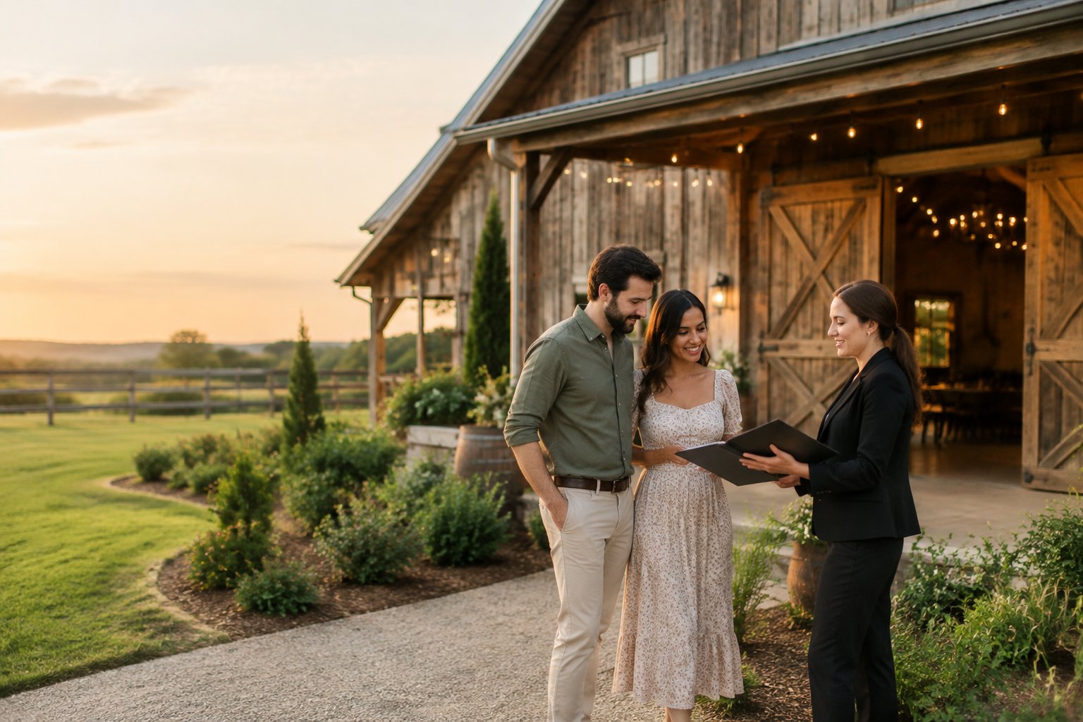 A couple discusses wedding venue details with a coordinator outside a rustic barn venue.
