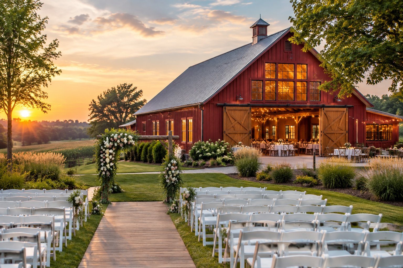 A rustic barn wedding venue with outdoor ceremony chairs, a floral arch, and warm lights at sunset.