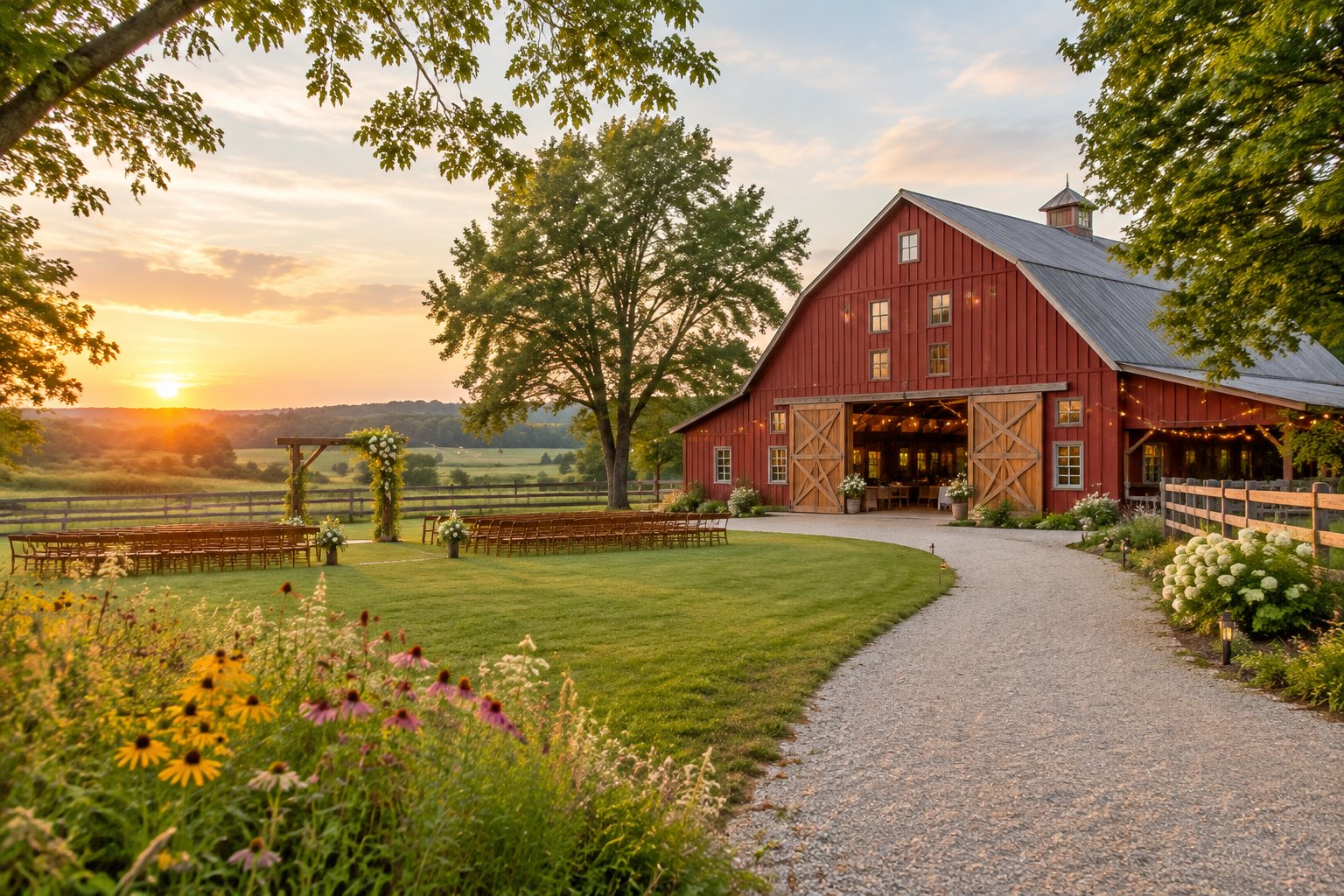 A restored red barn surrounded by green fields and trees, prepared for an outdoor wedding ceremony.