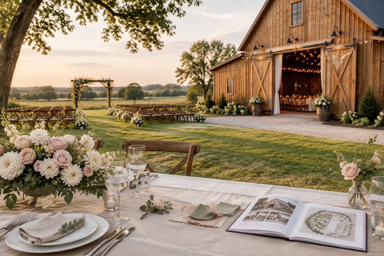 A rustic barn wedding venue with an elegant outdoor ceremony setting and a decorated reception table.
