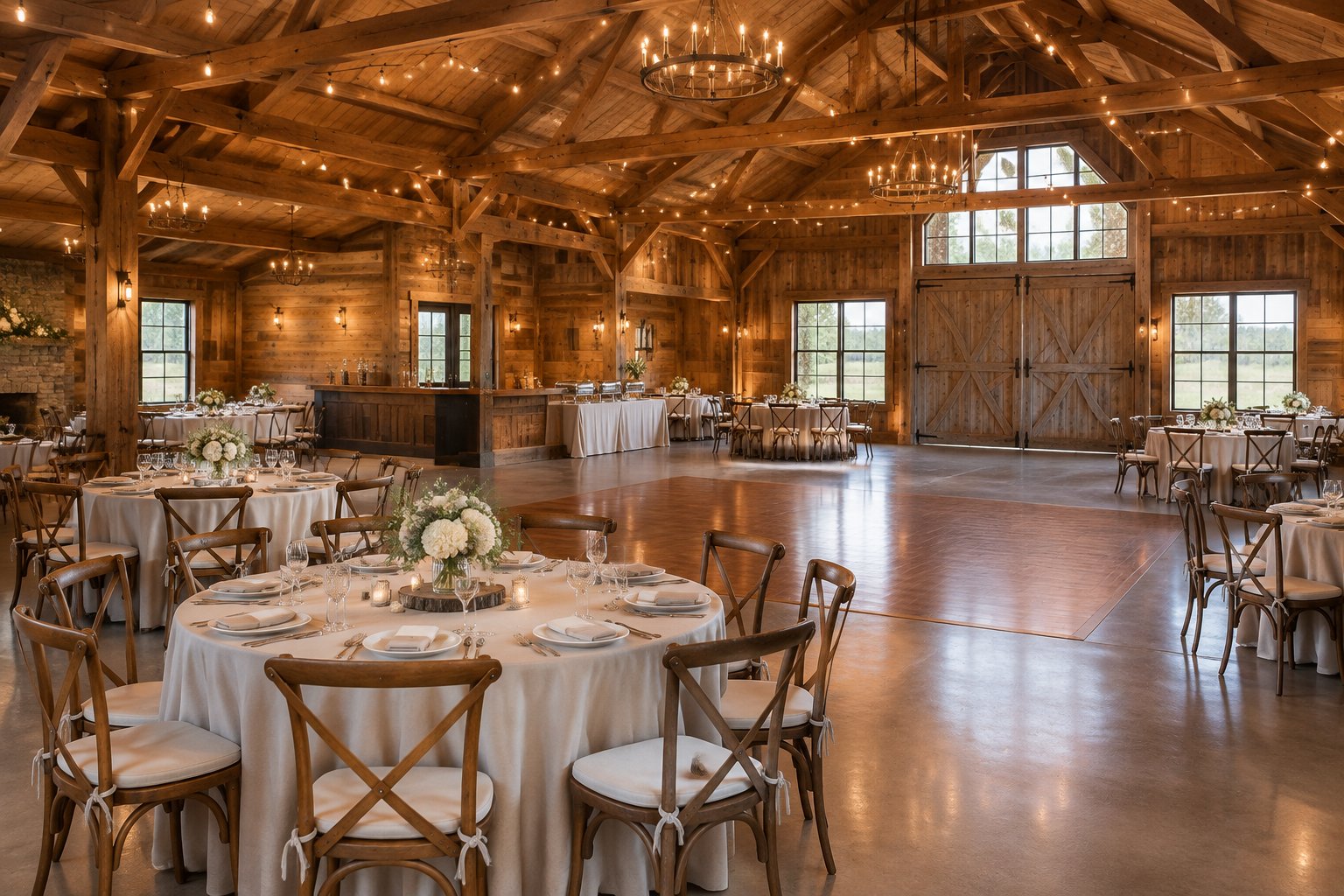 A warmly lit rustic barn wedding reception space set with tables, chairs, floral centerpieces, string lights, and a dance floor.