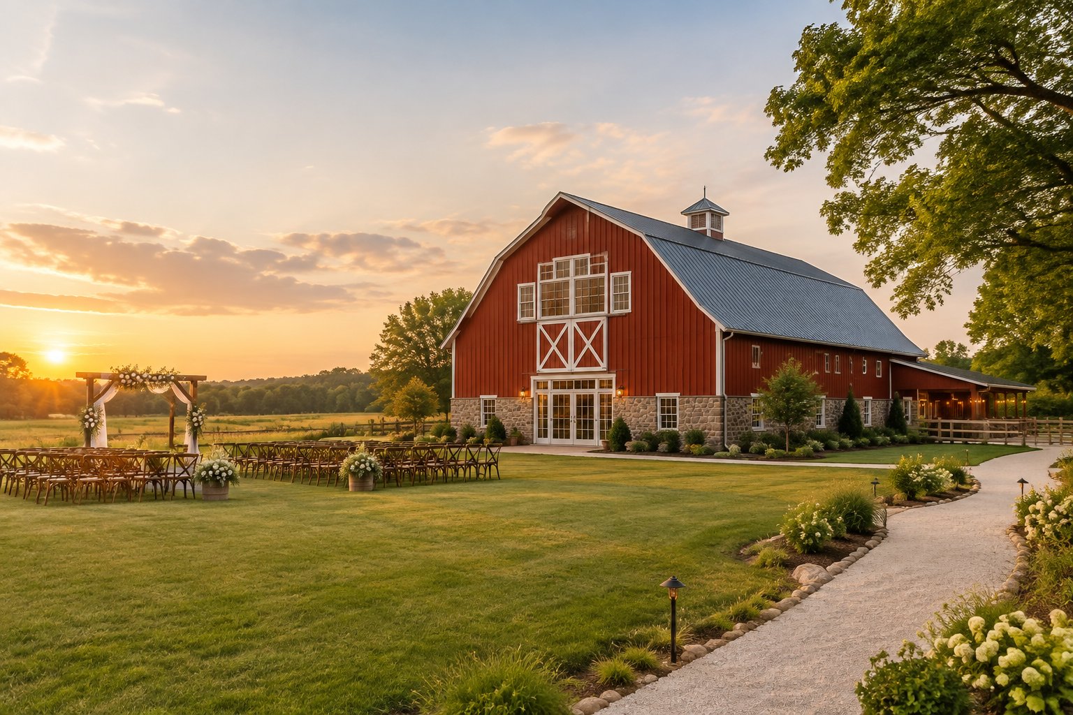 A restored red barn wedding venue surrounded by green Wisconsin countryside, trees, chairs, and simple outdoor ceremony decorations.