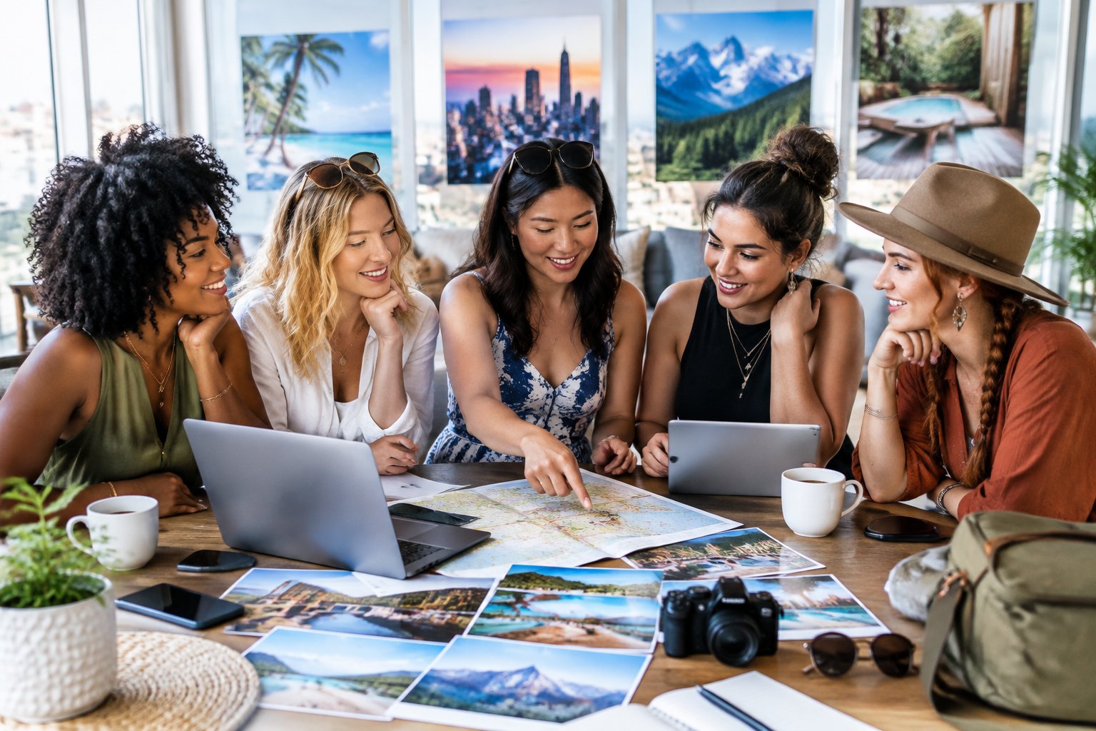 A diverse group of friends compares vacation ideas together while planning a bachelorette party destination.