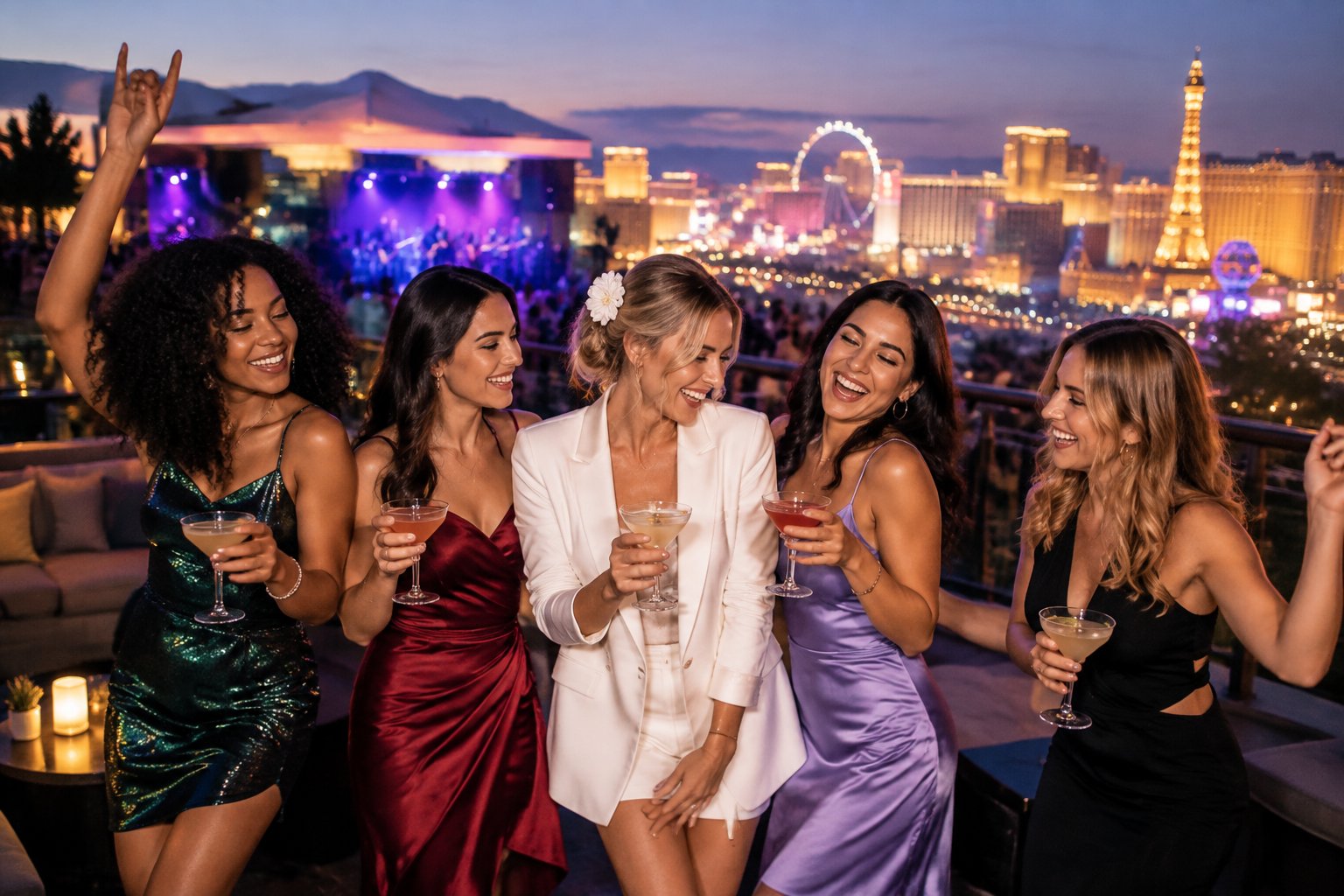 A group of friends celebrates a bachelorette party on a rooftop overlooking the brightly lit Las Vegas Strip.
