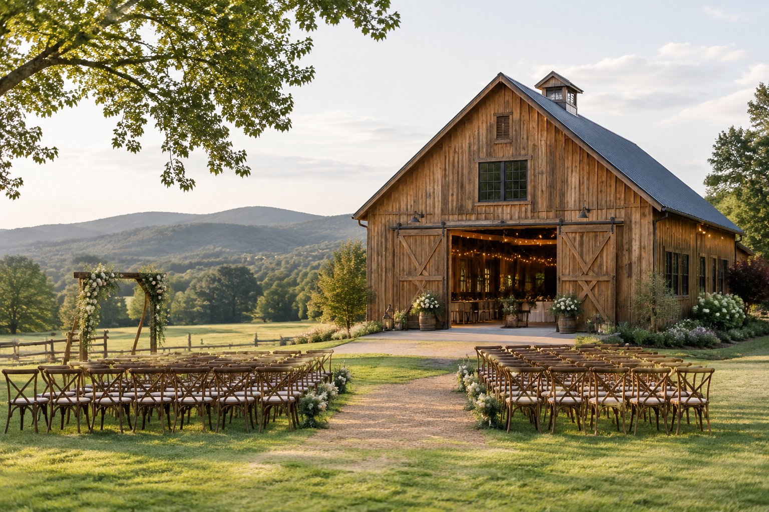 A rustic wooden barn wedding venue with outdoor seating and floral decorations in a green countryside.