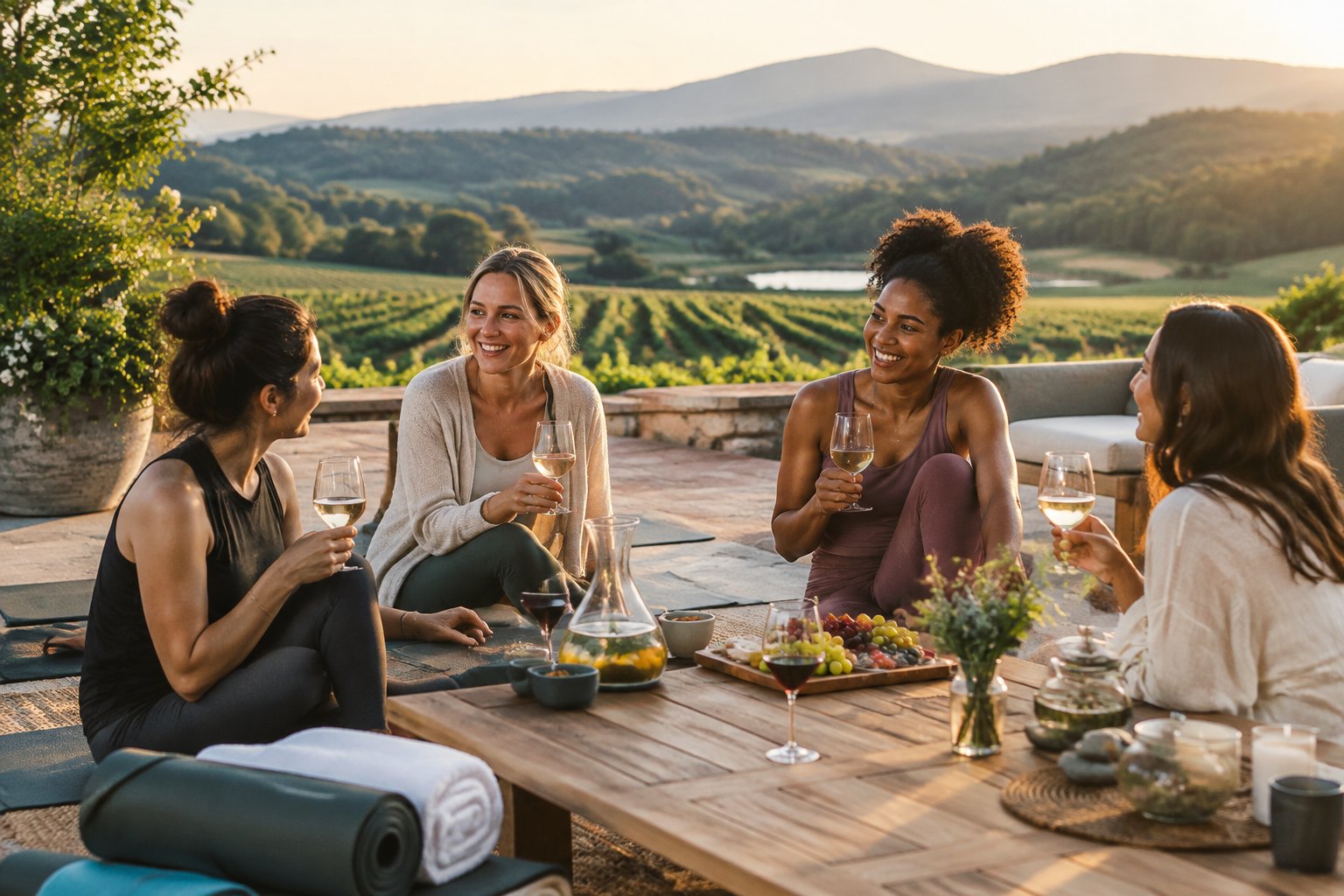 Friends enjoying a peaceful vineyard wellness retreat with wine, tea, and spa items on a sunny terrace.