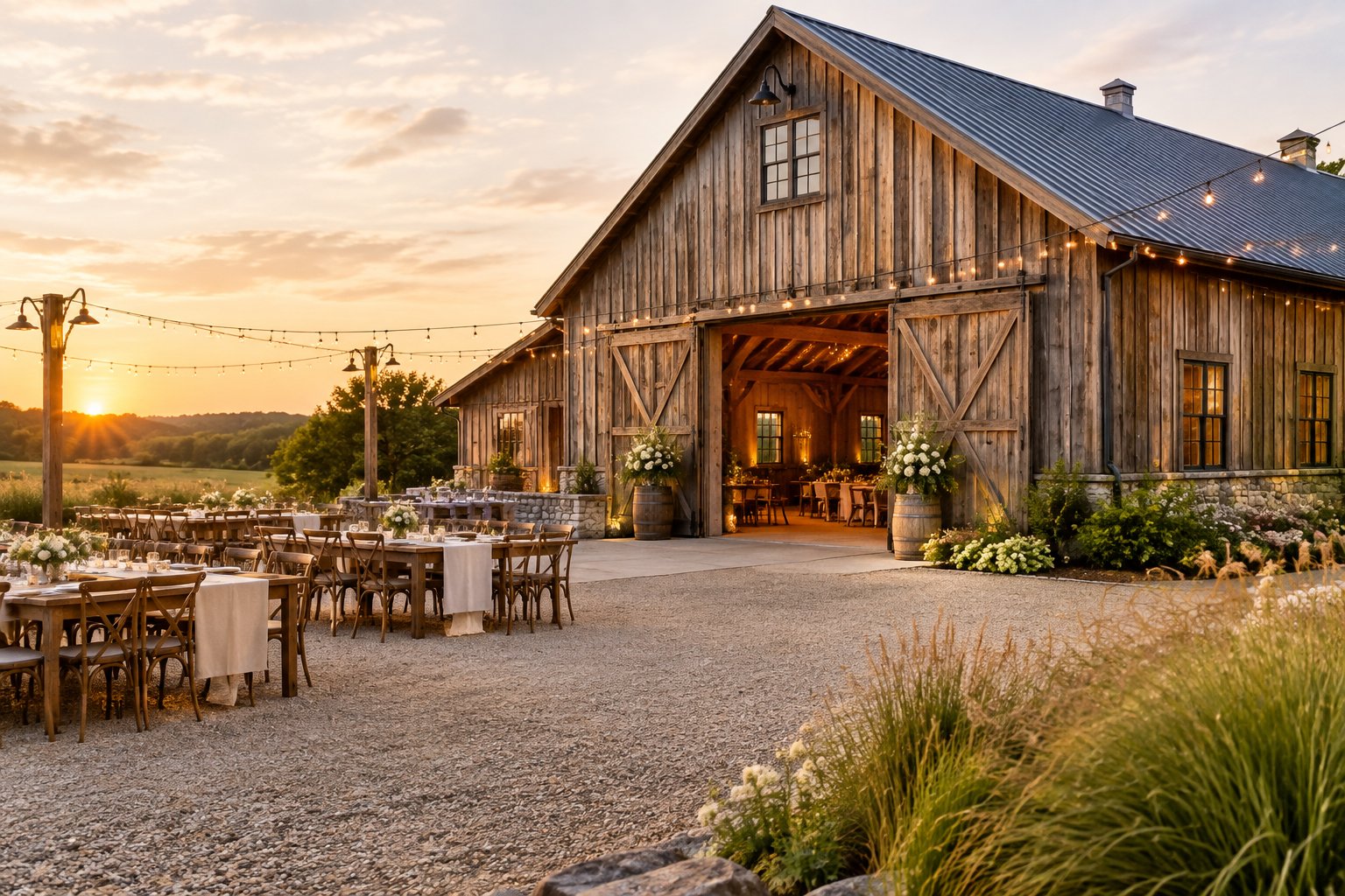 A wooden barn prepared for a wedding celebration beside a grassy countryside meadow.