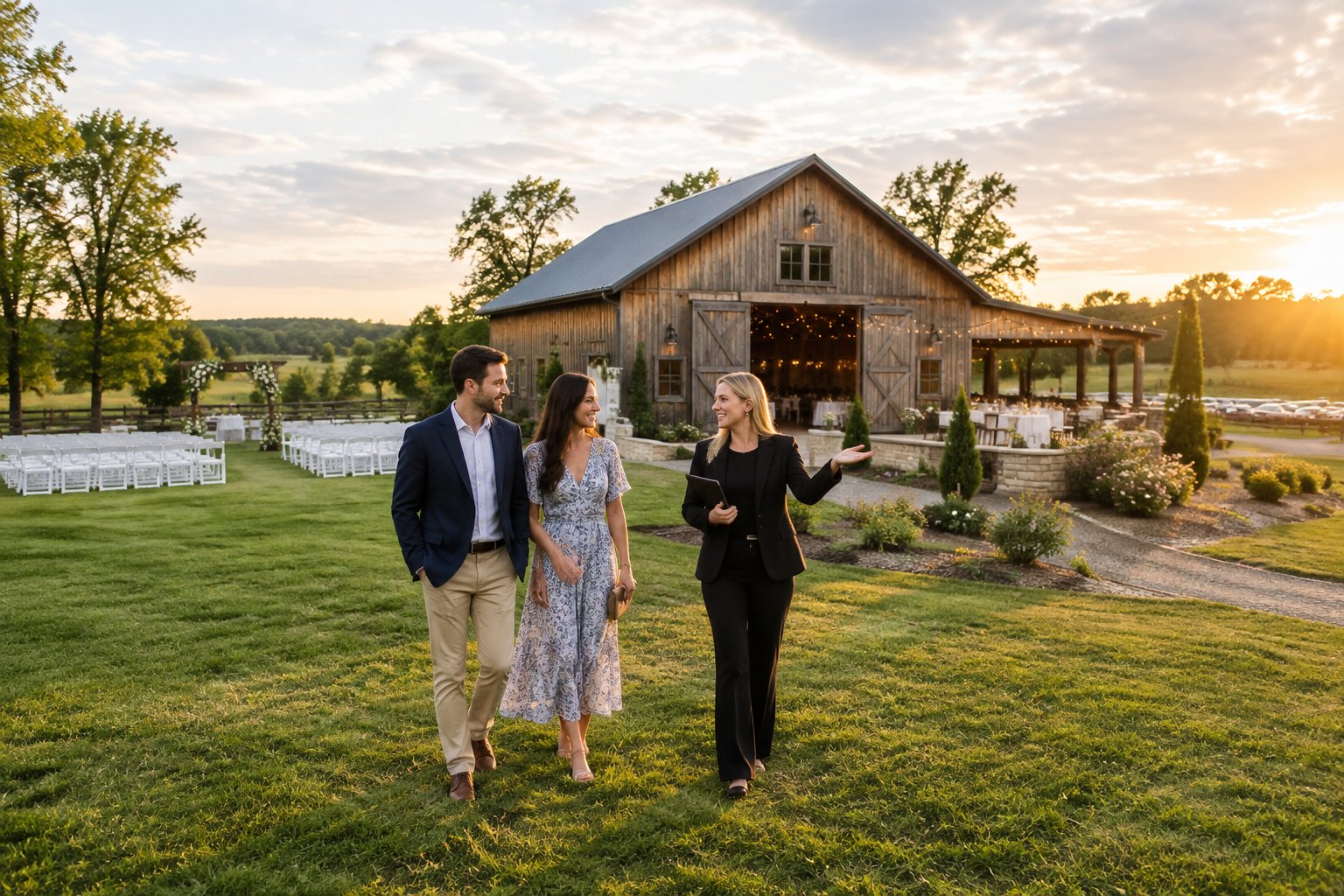 A couple tours a rustic barn wedding venue with a coordinator on a landscaped countryside property.