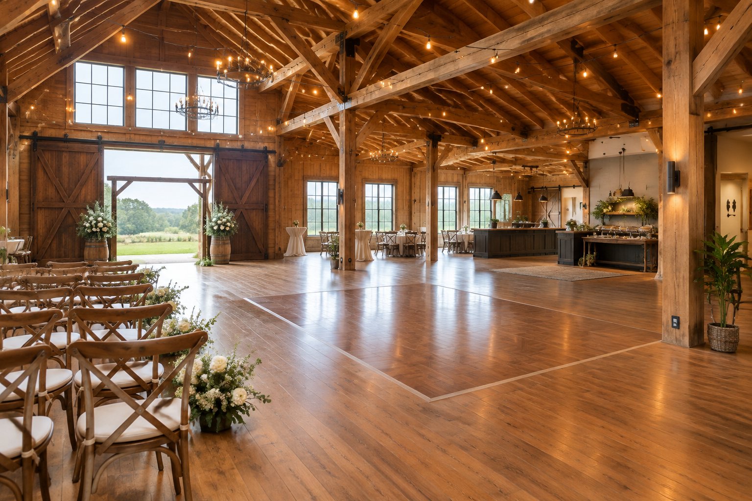 A well-appointed rustic barn wedding venue with timber beams, seating, string lights, and a dance floor.