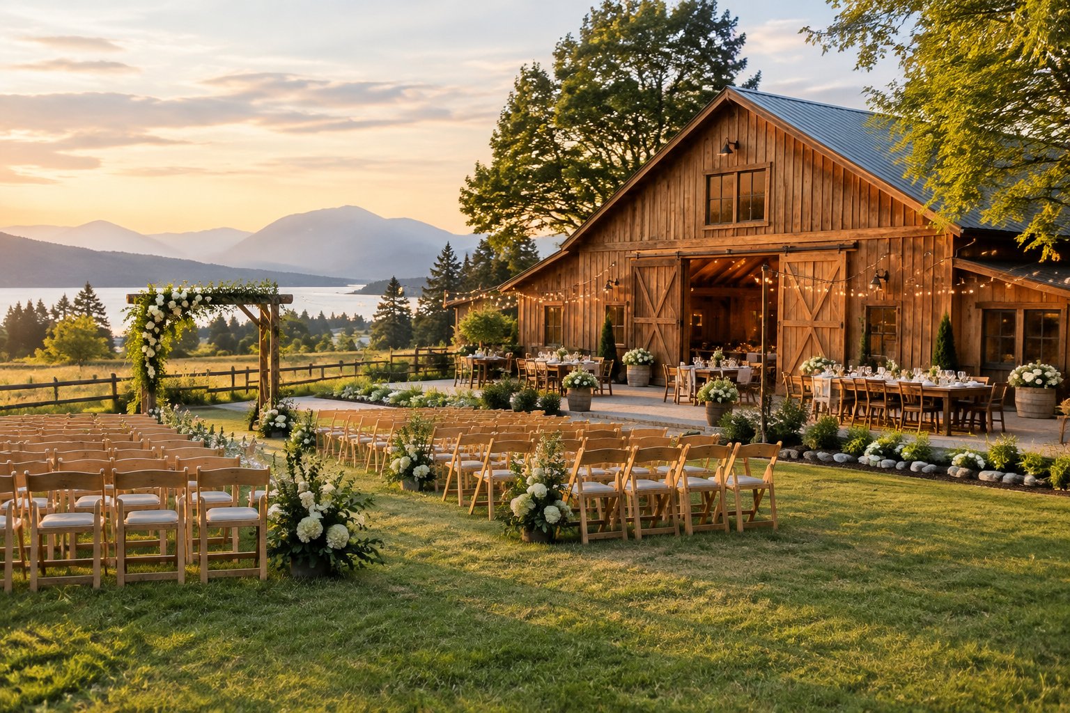 A rustic barn wedding venue with outdoor ceremony seating, floral arrangements, green fields, and mountain foothills.