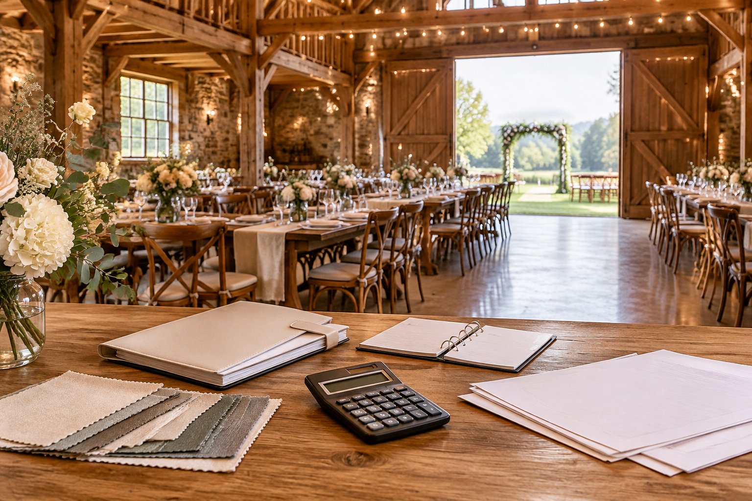 A decorated barn wedding venue with tables, flowers, and wedding planning materials.