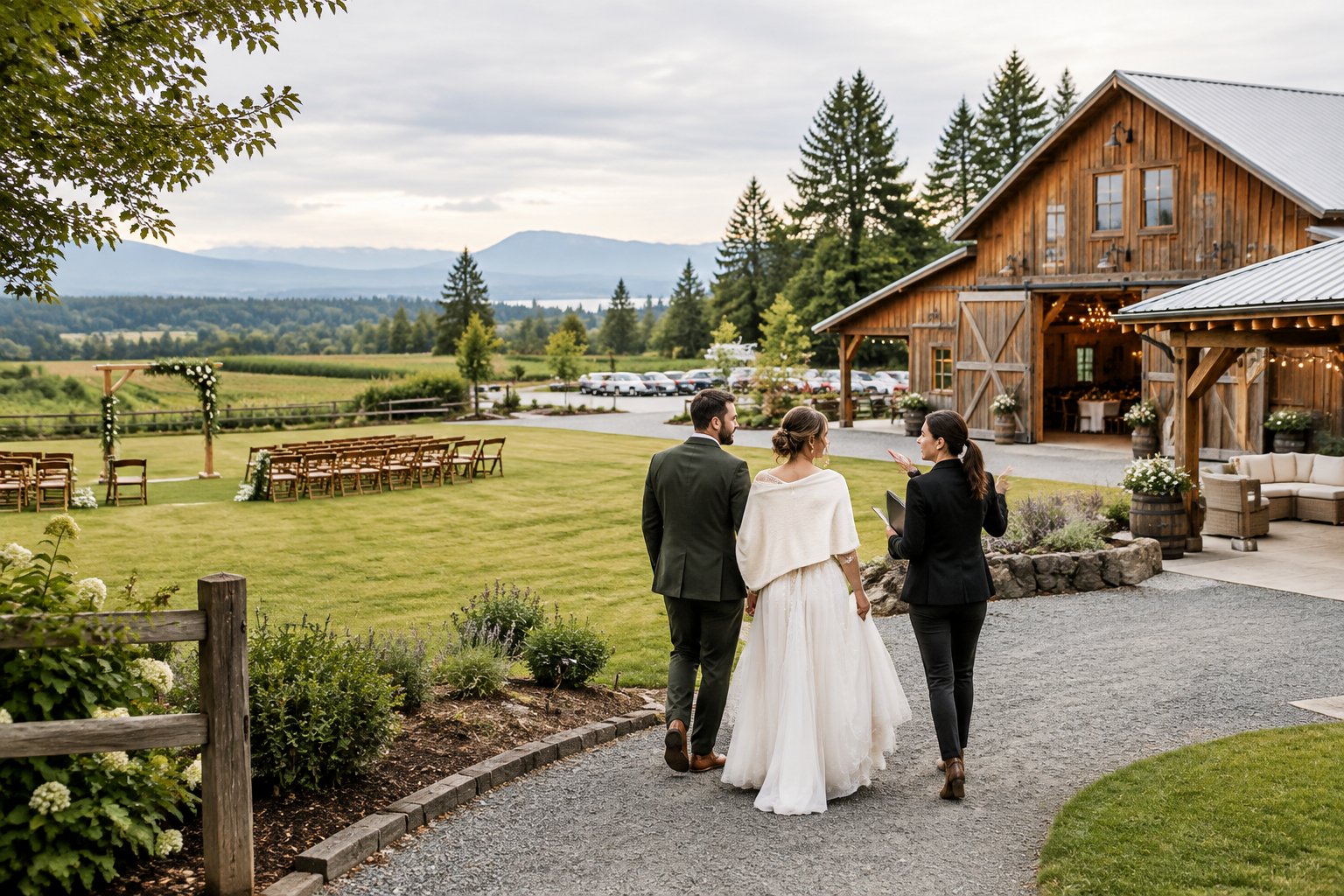 A couple and venue coordinator compare ceremony and reception spaces at a rustic barn wedding venue on a spacious farm.