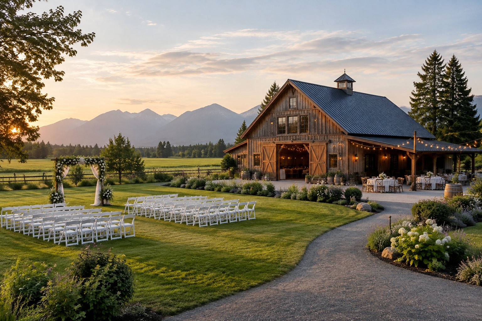 A rustic barn wedding venue surrounded by green farmland, trees, and distant mountains.