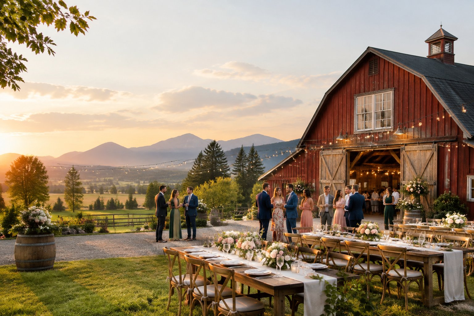 A rustic barn wedding venue surrounded by green farmland, wedding tables, flowers, guests, and distant mountains.