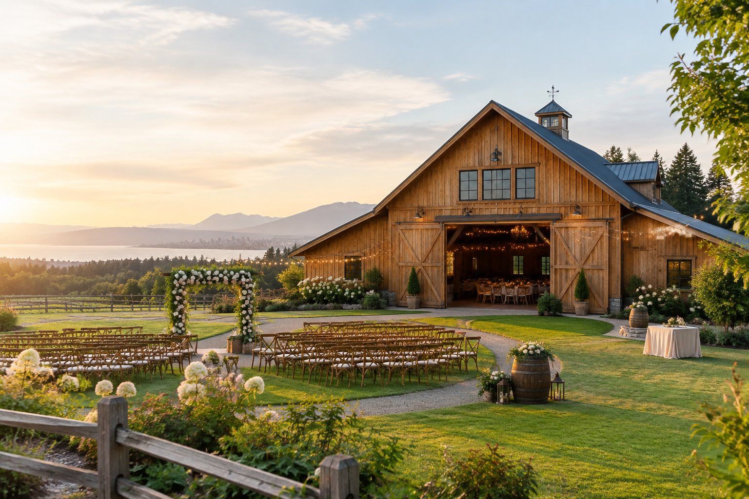 A timber barn wedding venue surrounded by green fields, garden seating, and soft evening light.