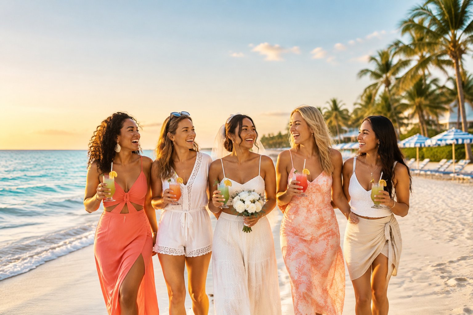 A group of friends celebrates together on a sunny beach beside a tropical ocean.