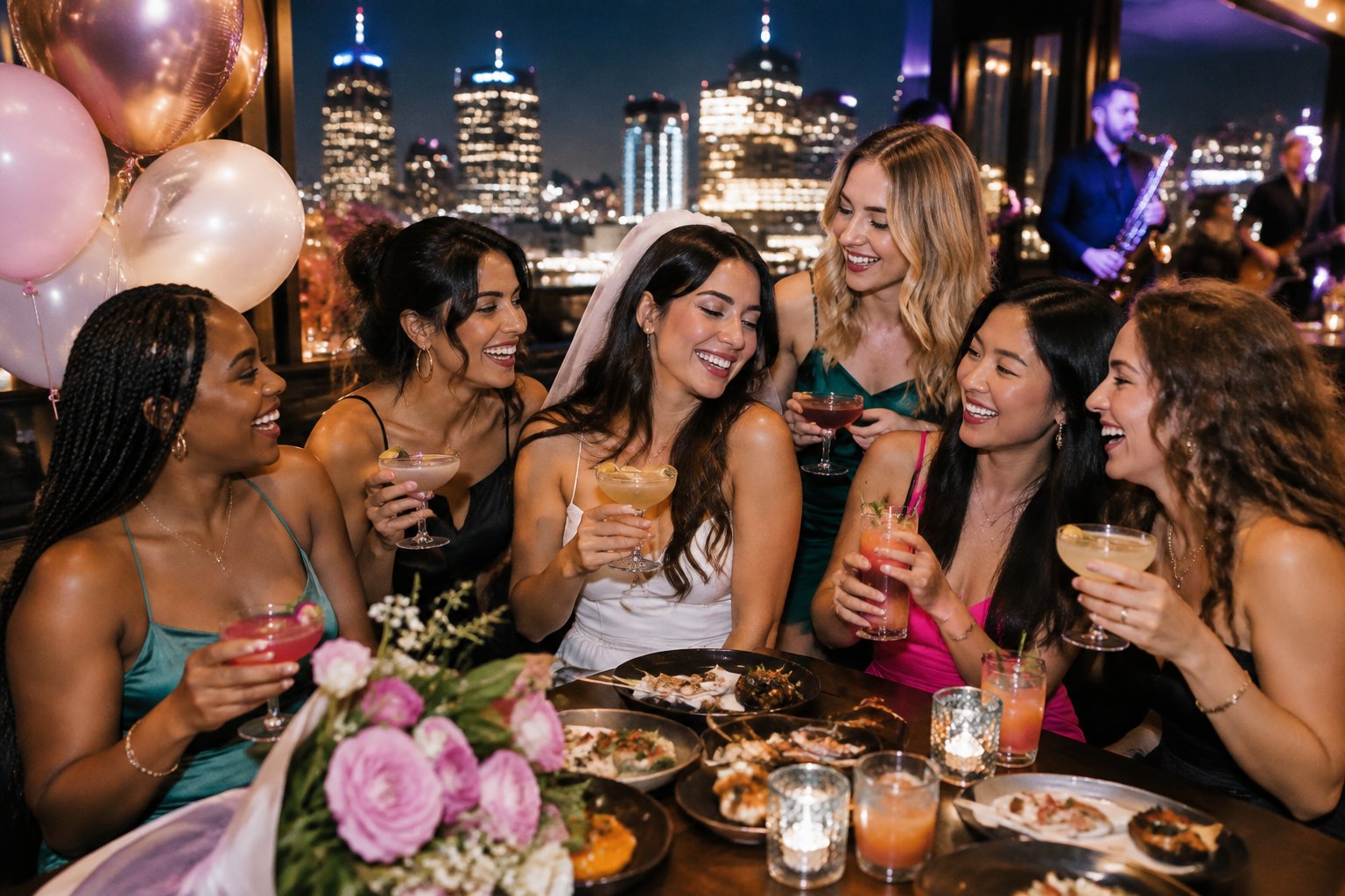 A group of friends celebrates a bachelorette party over food and drinks at a lively rooftop venue with city lights and music.
