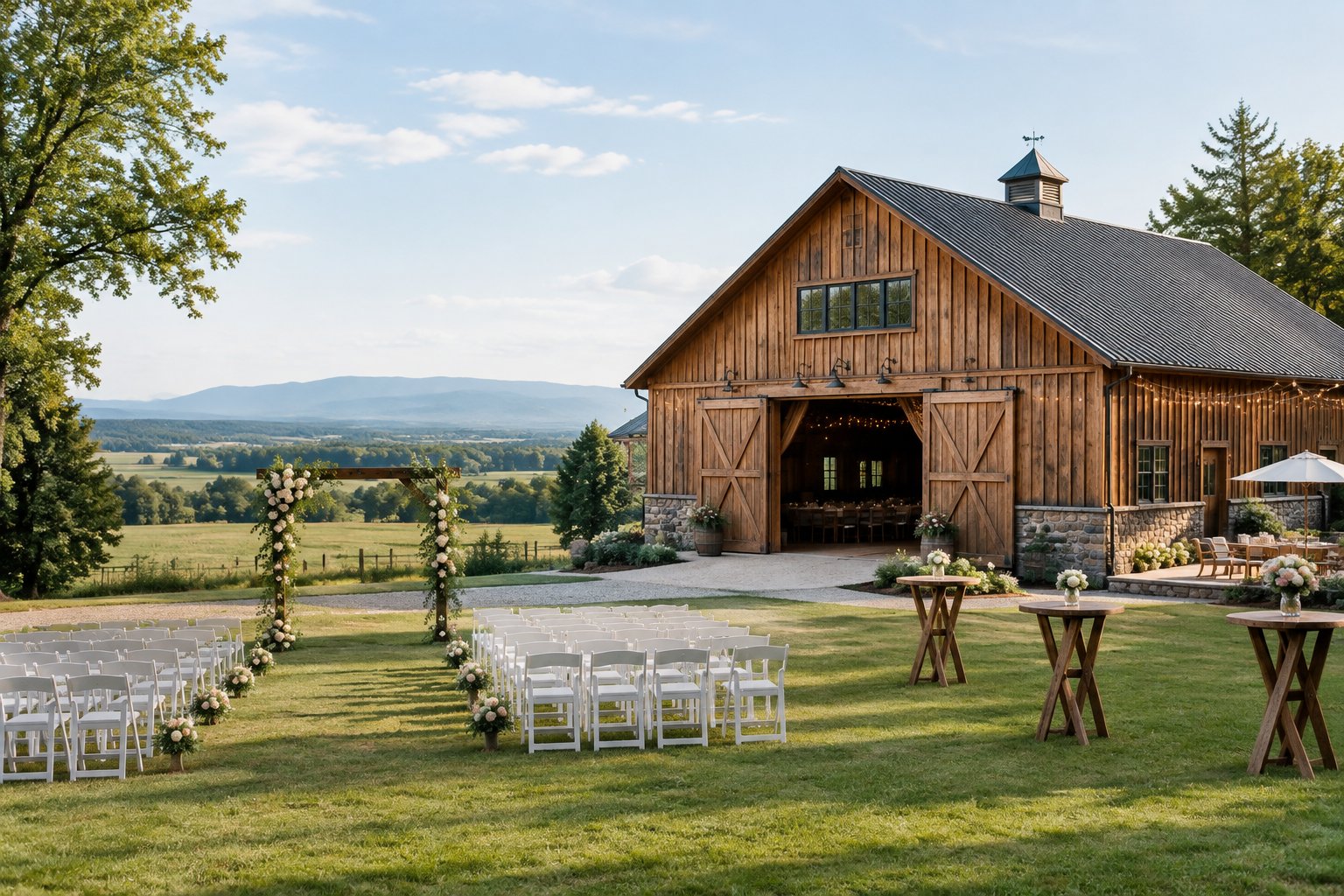 A rustic wooden barn wedding venue with a floral ceremony arch, white chairs, green fields, and trees.