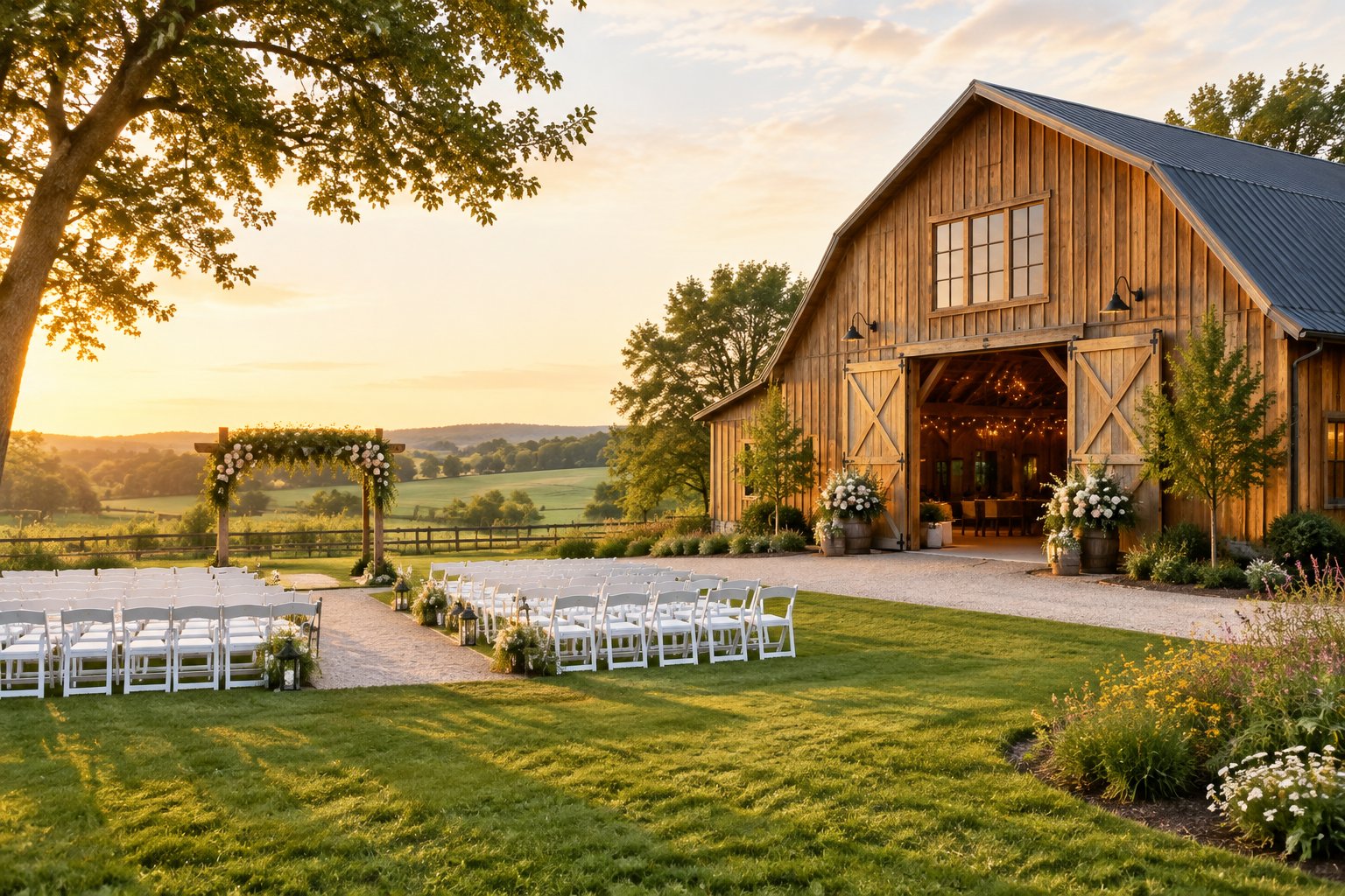 A rustic barn wedding venue with floral decorations, outdoor seating, and countryside surroundings.