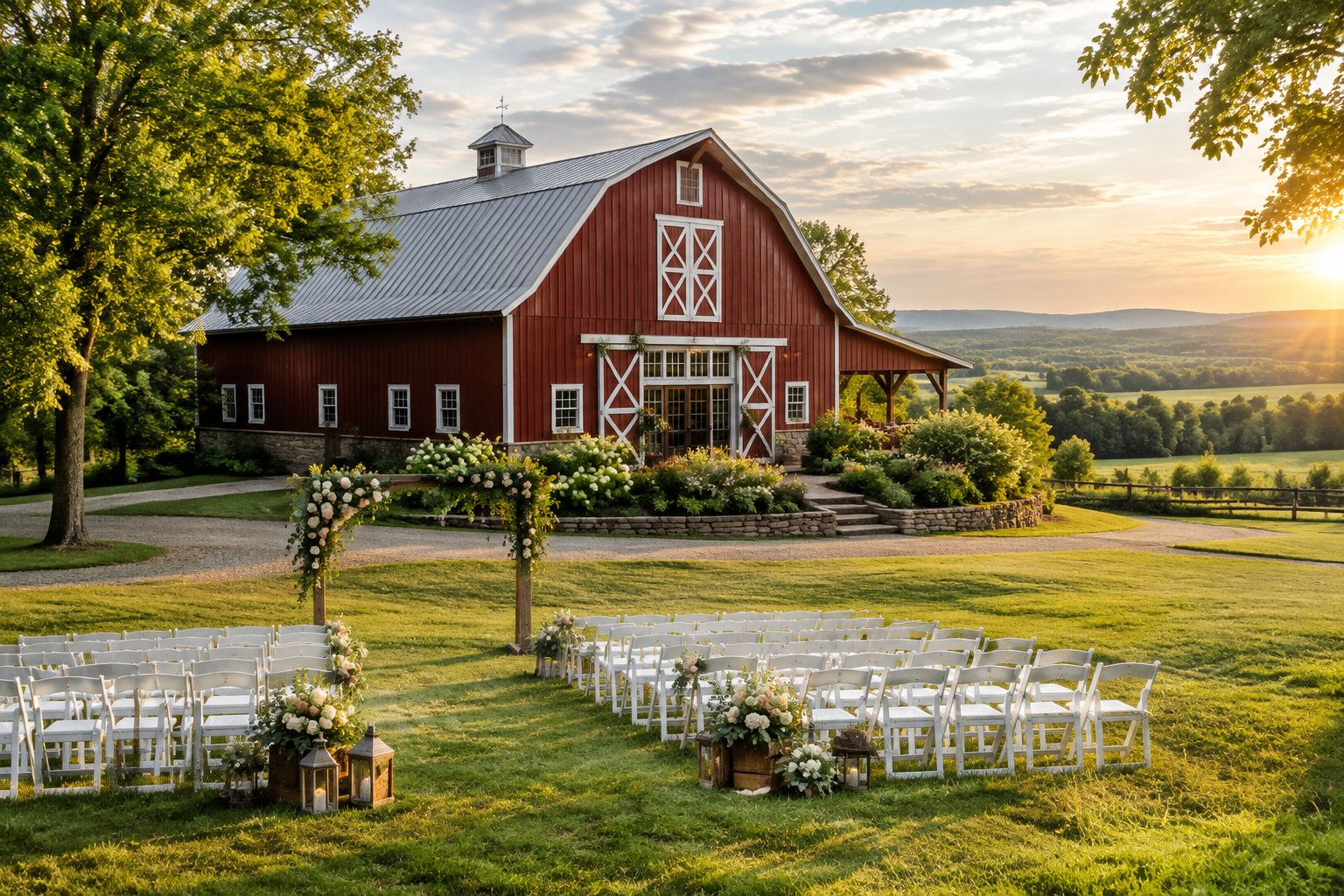 A restored rustic barn beside a decorated outdoor wedding ceremony area in a green countryside setting.