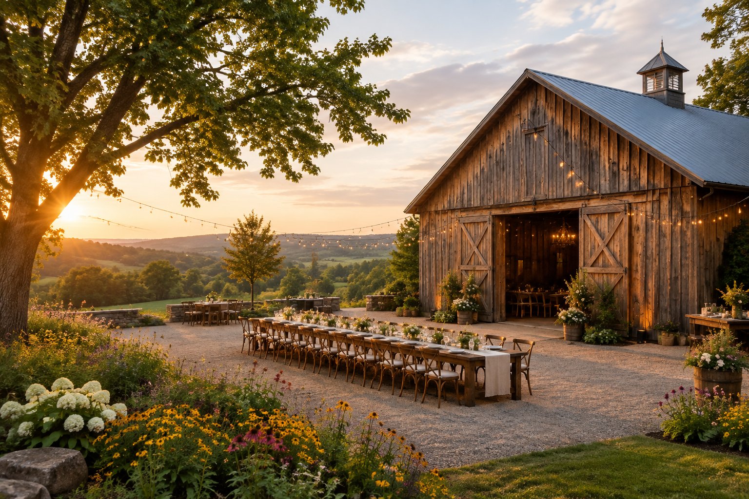 A rustic barn wedding venue with outdoor reception tables in a sunlit countryside meadow.