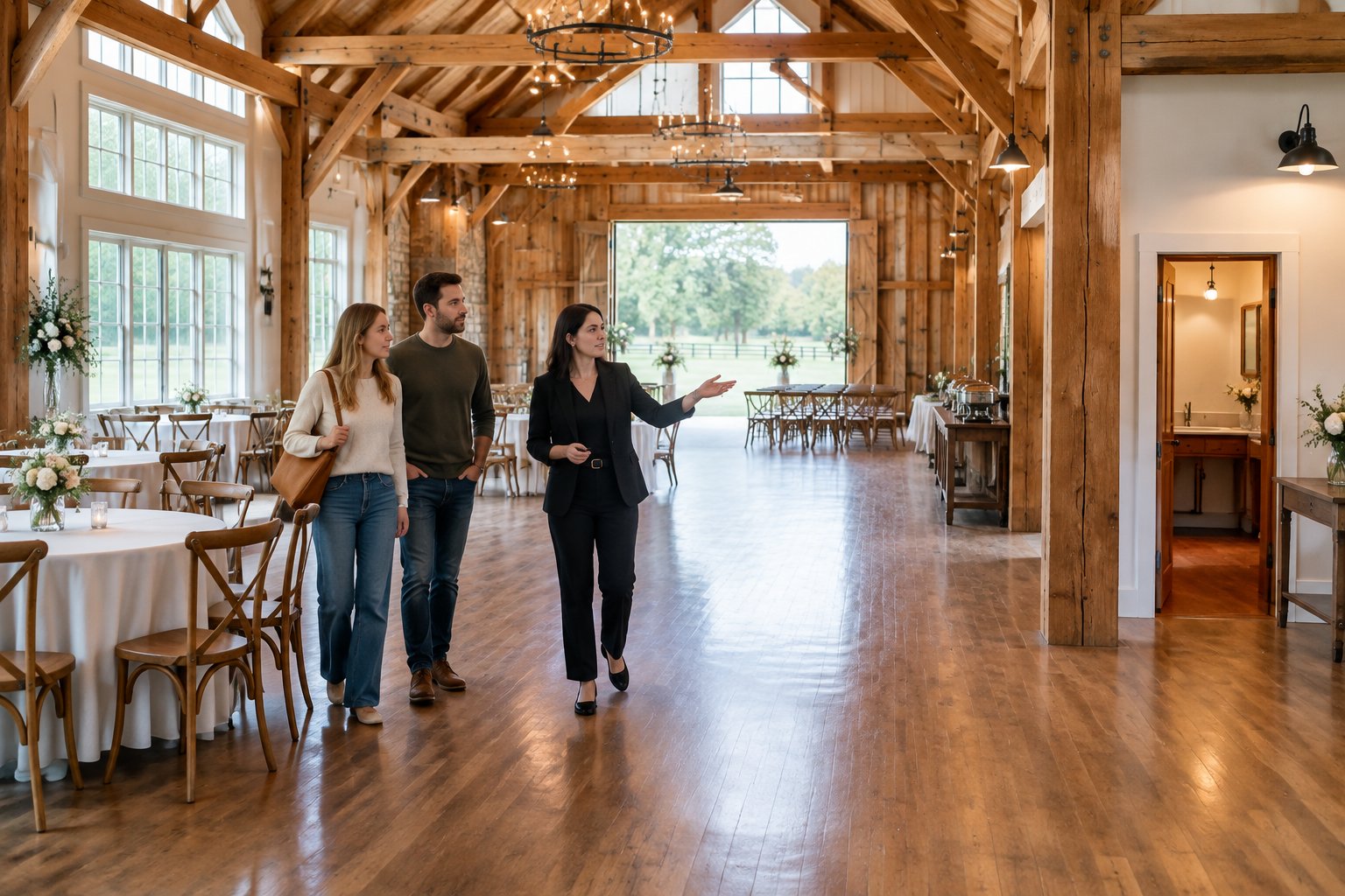 A couple tours a rustic barn wedding venue with a coordinator, examining the spacious interior and event facilities.