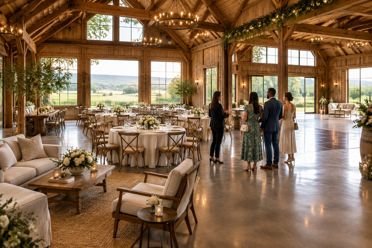 A couple and venue coordinator tour a spacious rustic barn wedding venue with flexible seating areas and a countryside view.