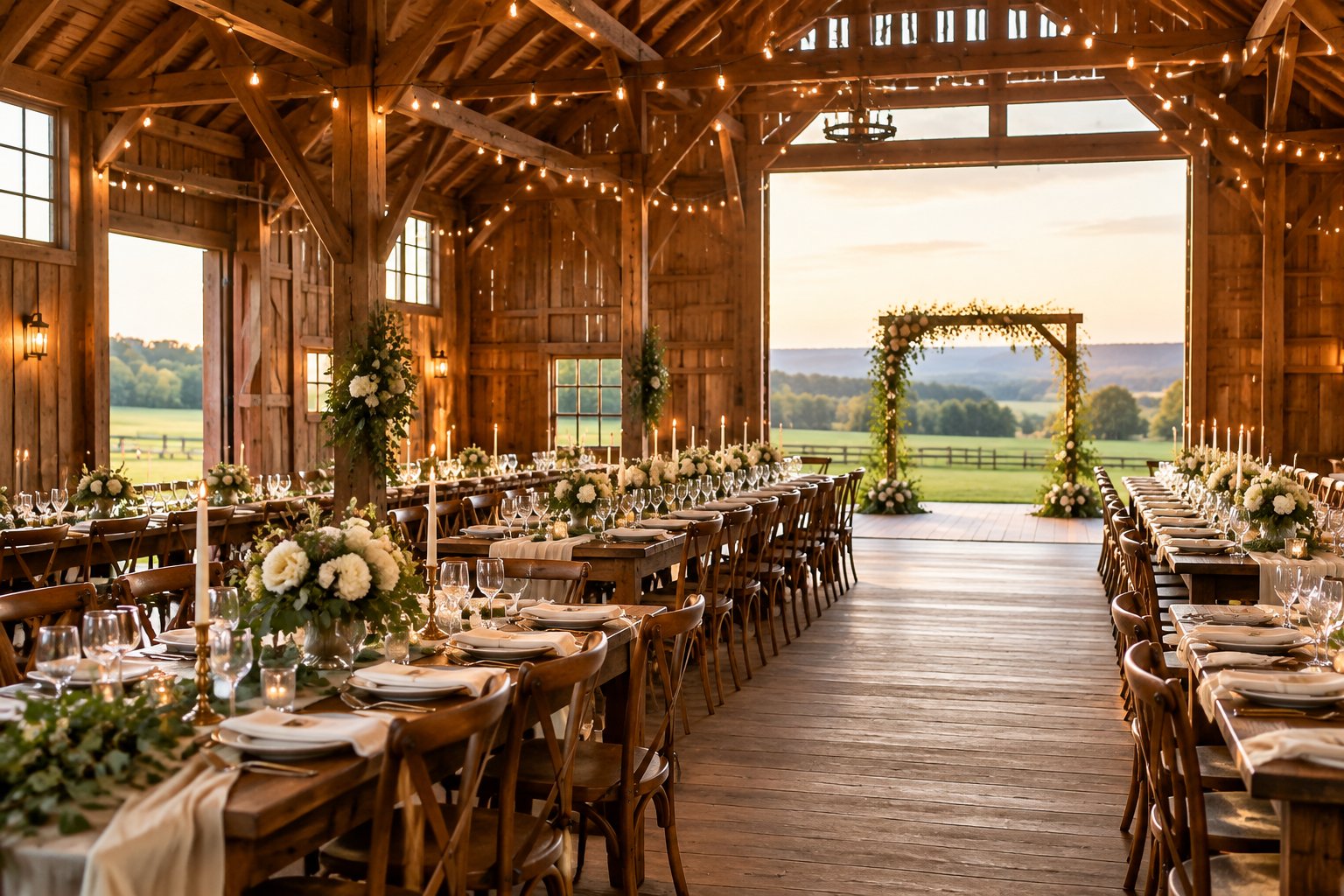 An elegant barn wedding venue decorated with flowers, candles, long tables, and warm string lights.