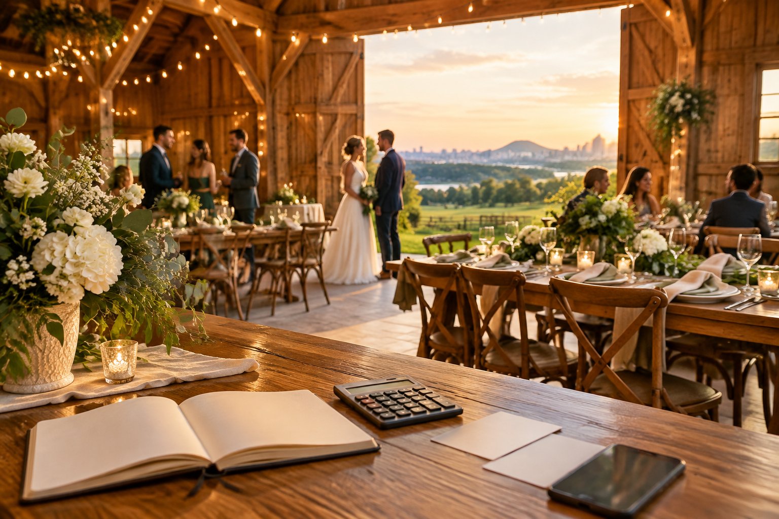 An elegant barn wedding reception in the Quebec countryside near Montreal, with tables, guests, and a wedding budget notebook.
