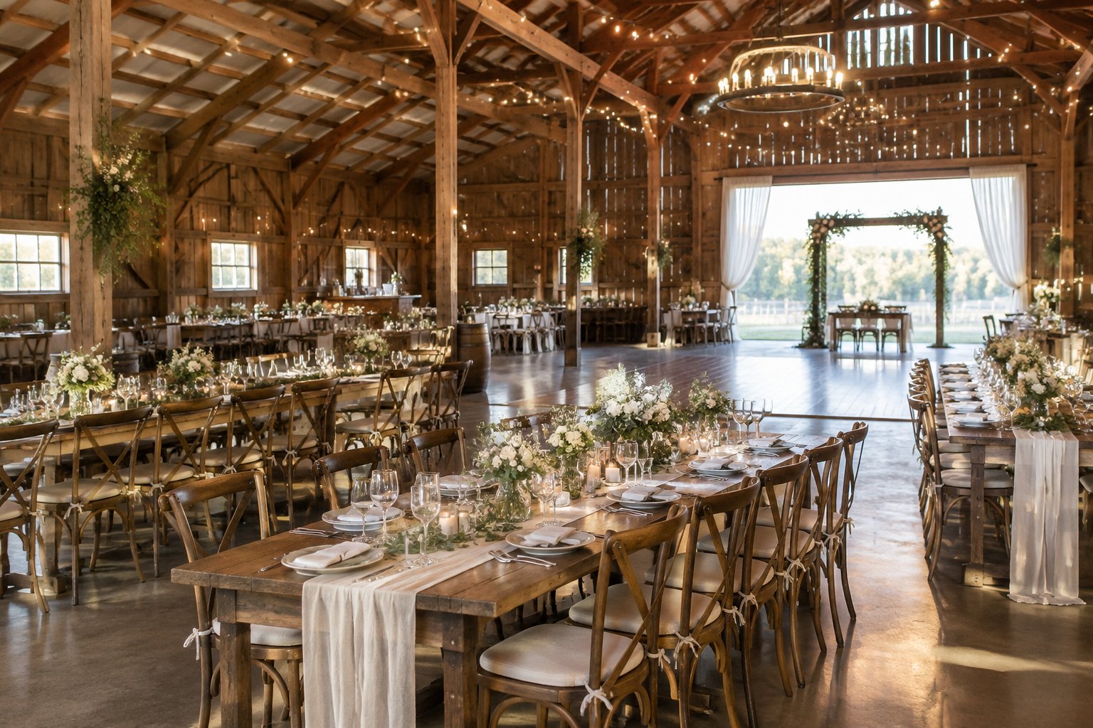 A decorated rustic barn wedding reception with wooden tables, floral centerpieces, and string lights.
