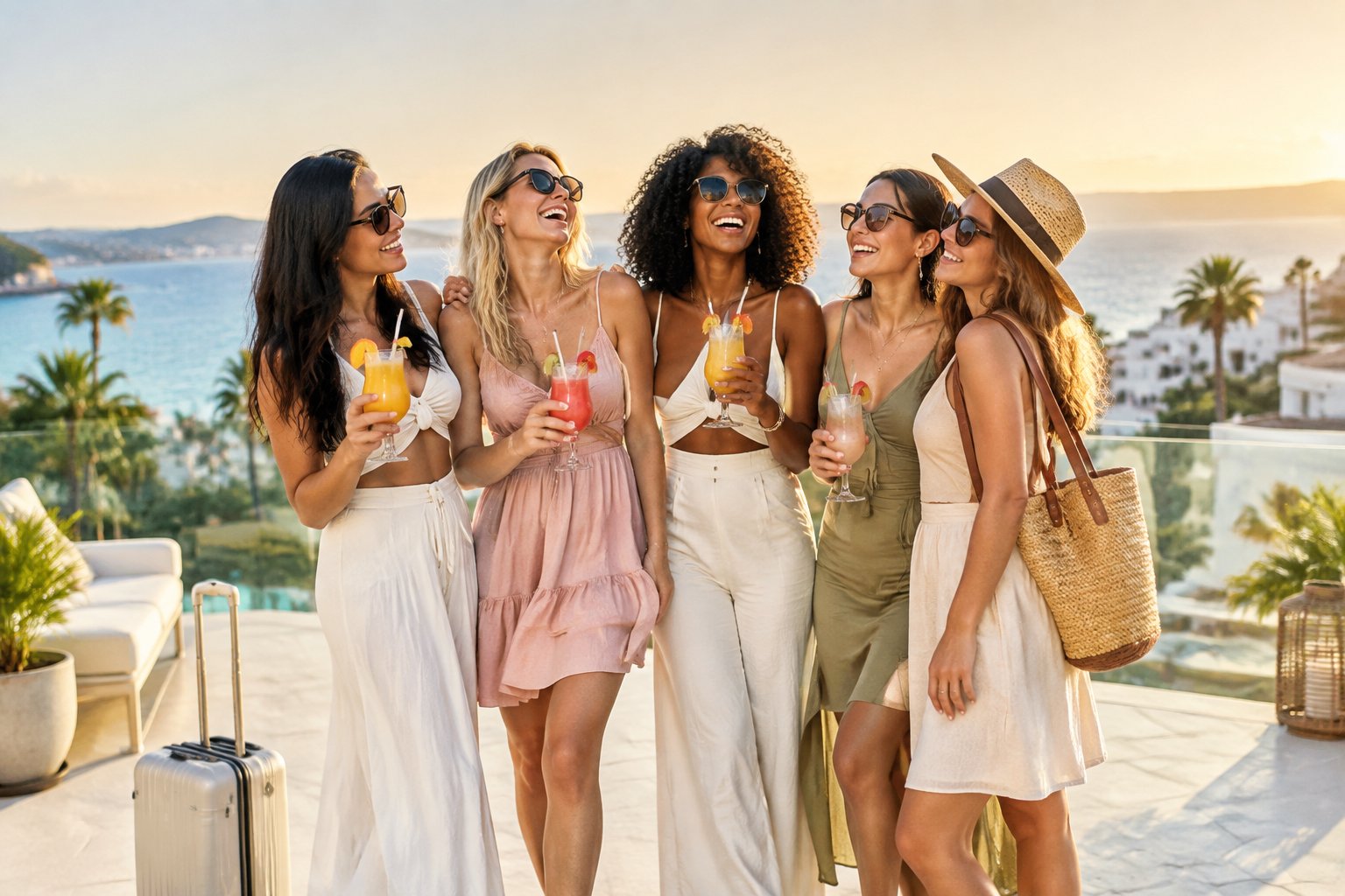 A group of women friends celebrating on a rooftop terrace overlooking a tropical coastal destination.
