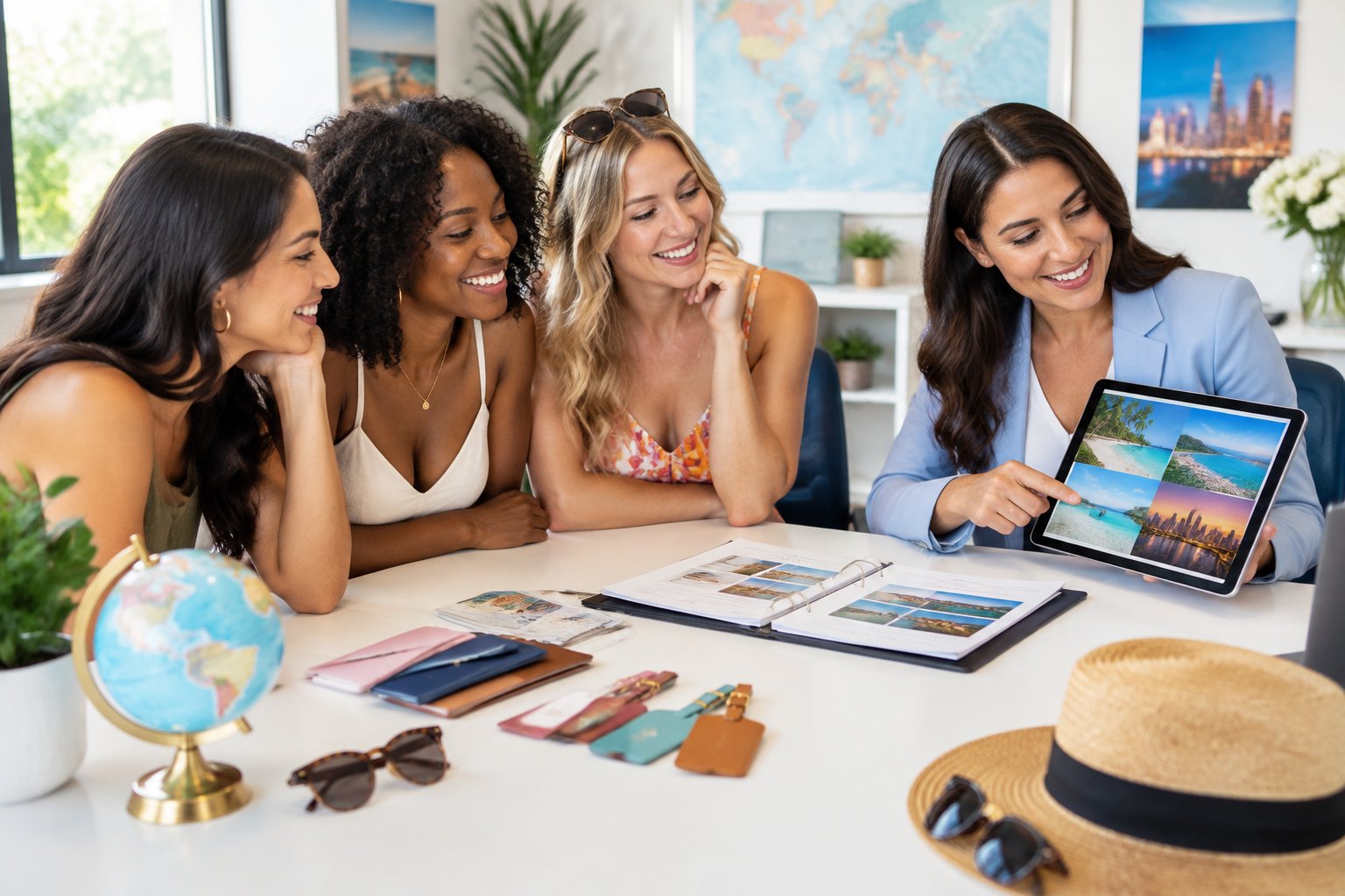 A travel advisor helps a group of women plan a celebratory trip in a modern travel agency.
