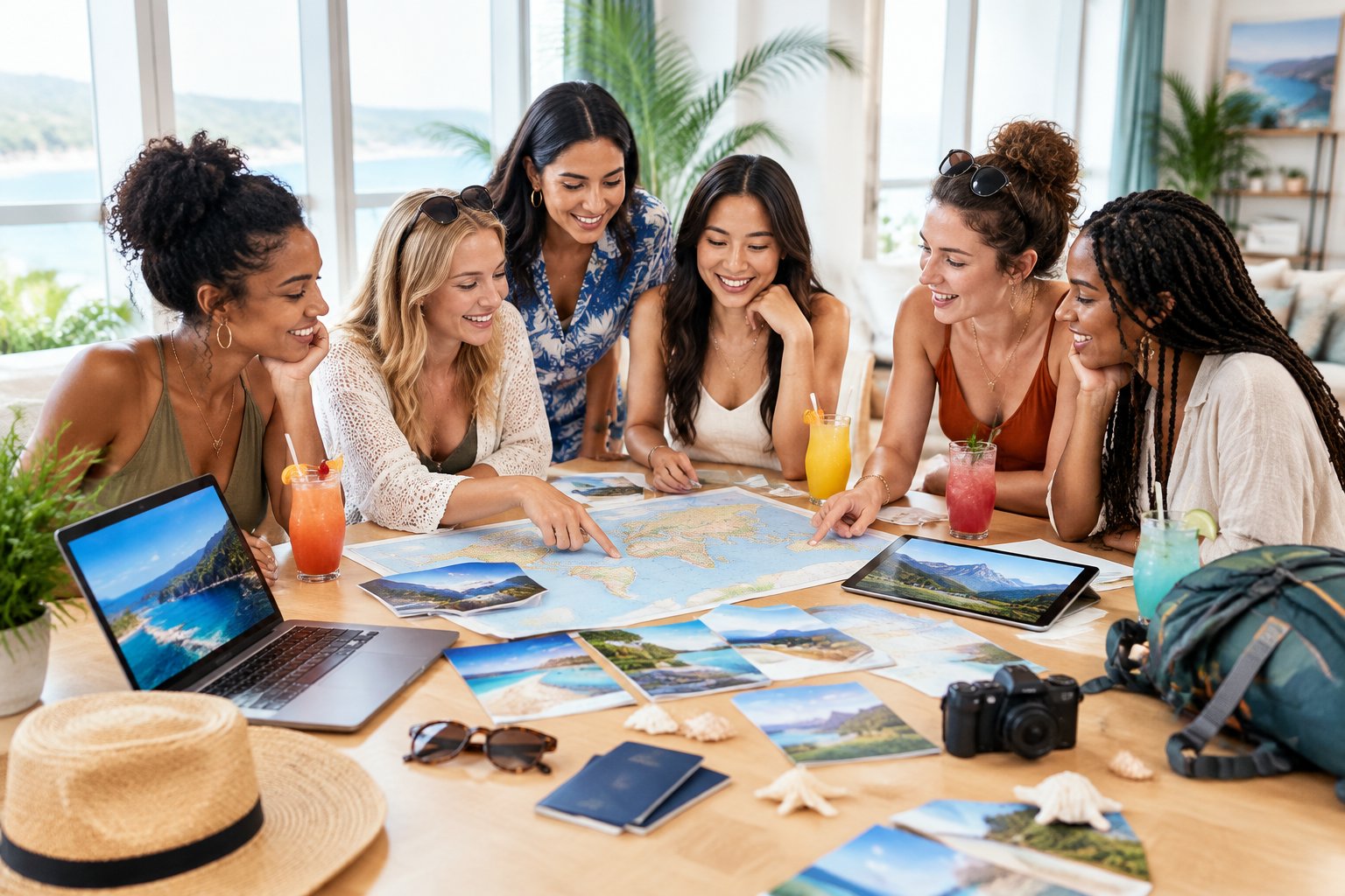 A group of women friends compares travel options around a table while planning a bachelorette party.