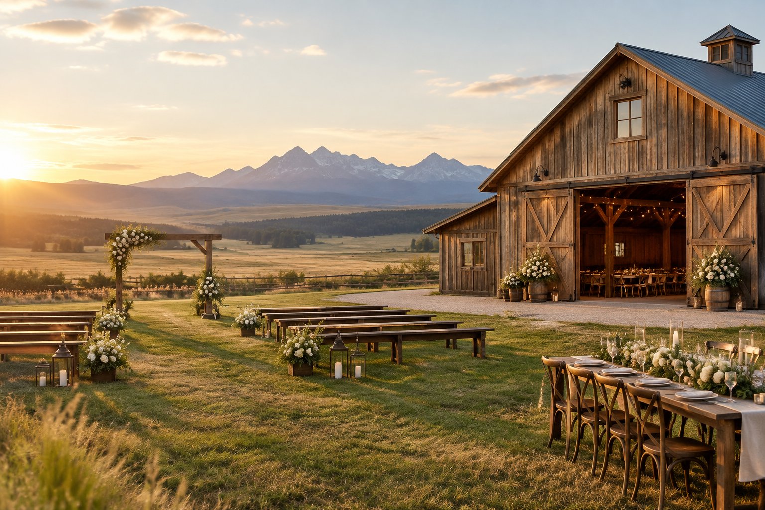 A rustic barn wedding venue surrounded by Alberta prairie grasses and distant mountains.
