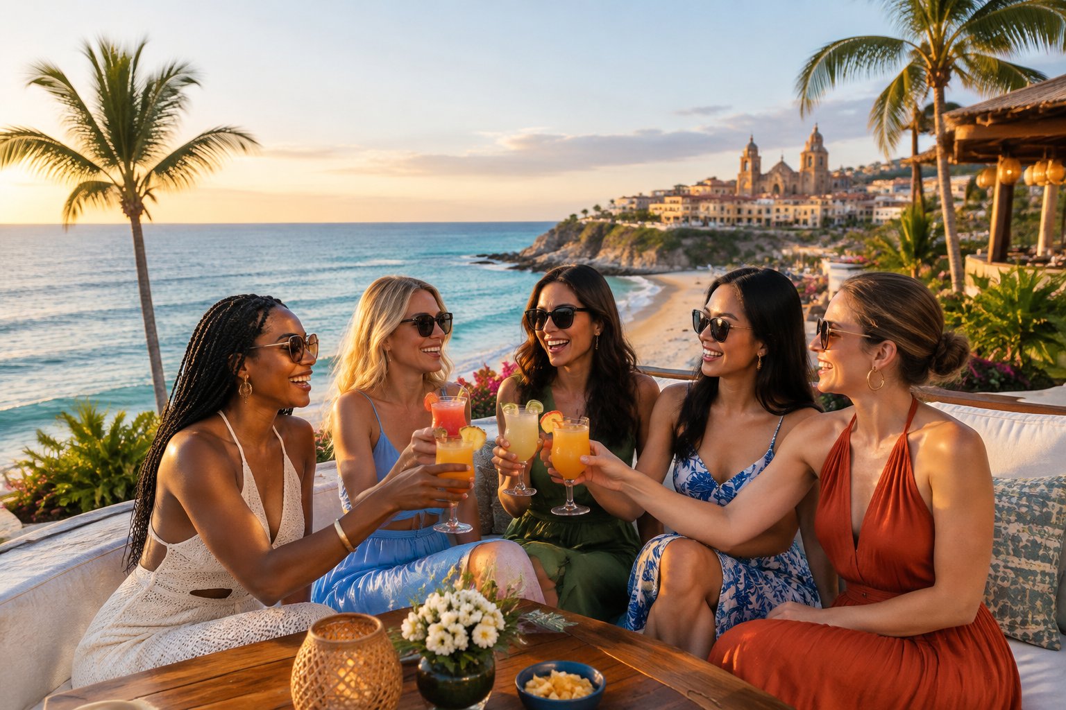 A diverse group of friends celebrates together at a sunny international beach resort with cultural architecture and evening lights in the background.