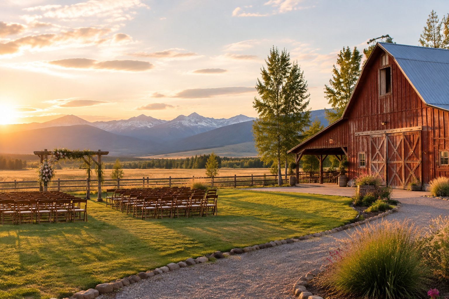 A rustic Alberta barn wedding venue beside a meadow with mountain views and an outdoor ceremony area.