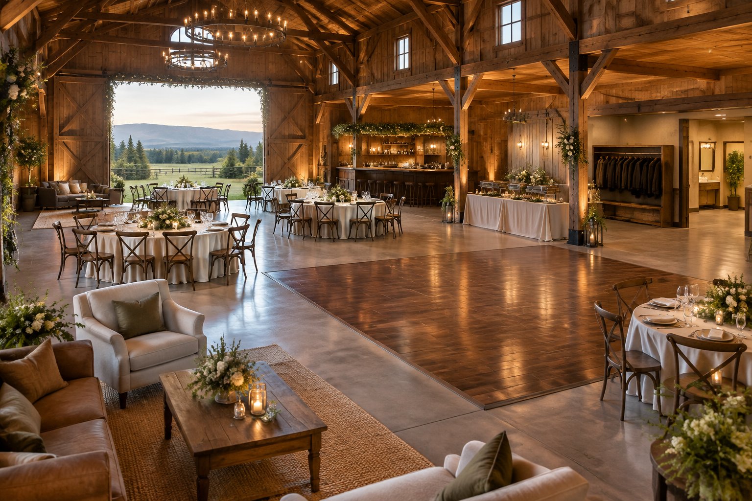 Elegant barn wedding reception with guest seating, dining tables, a dance floor, and scenic Alberta countryside outside.